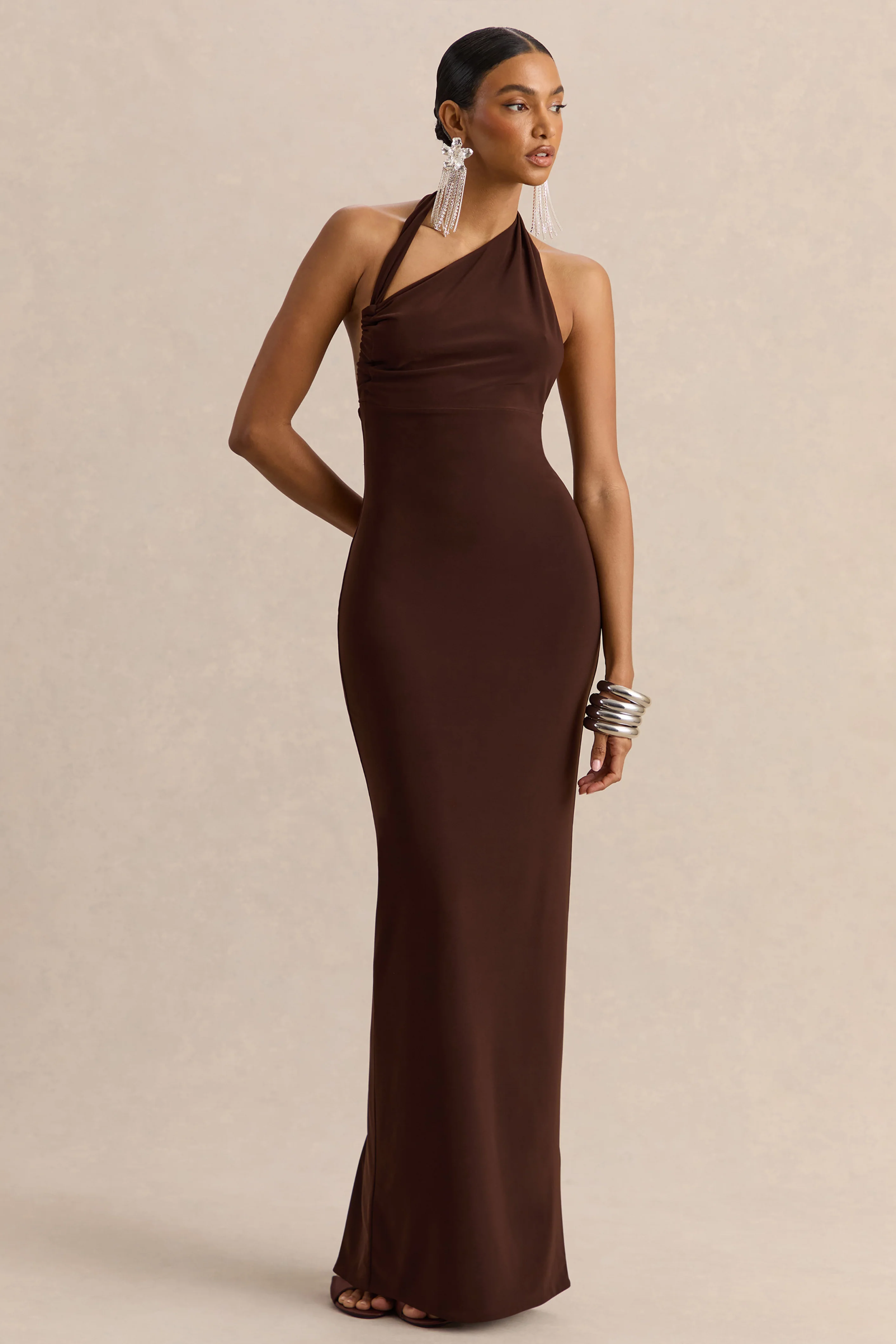 Delisse | Brown Asymmetric-Neck Maxi Dress