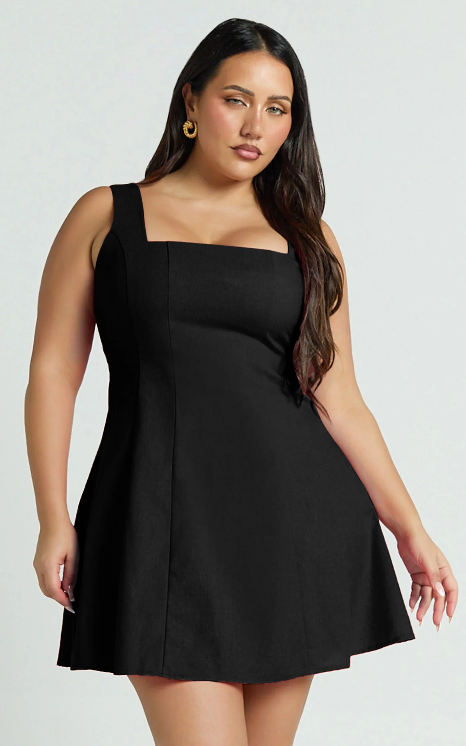 Adiana Mini Dress - Linen Square Neck Shirred Back A Line Dress in Black