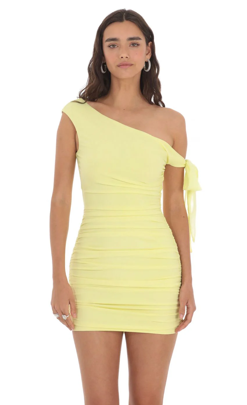 Off Shoulder Ruched Bodycon Dress in Yellow - luluinthesky