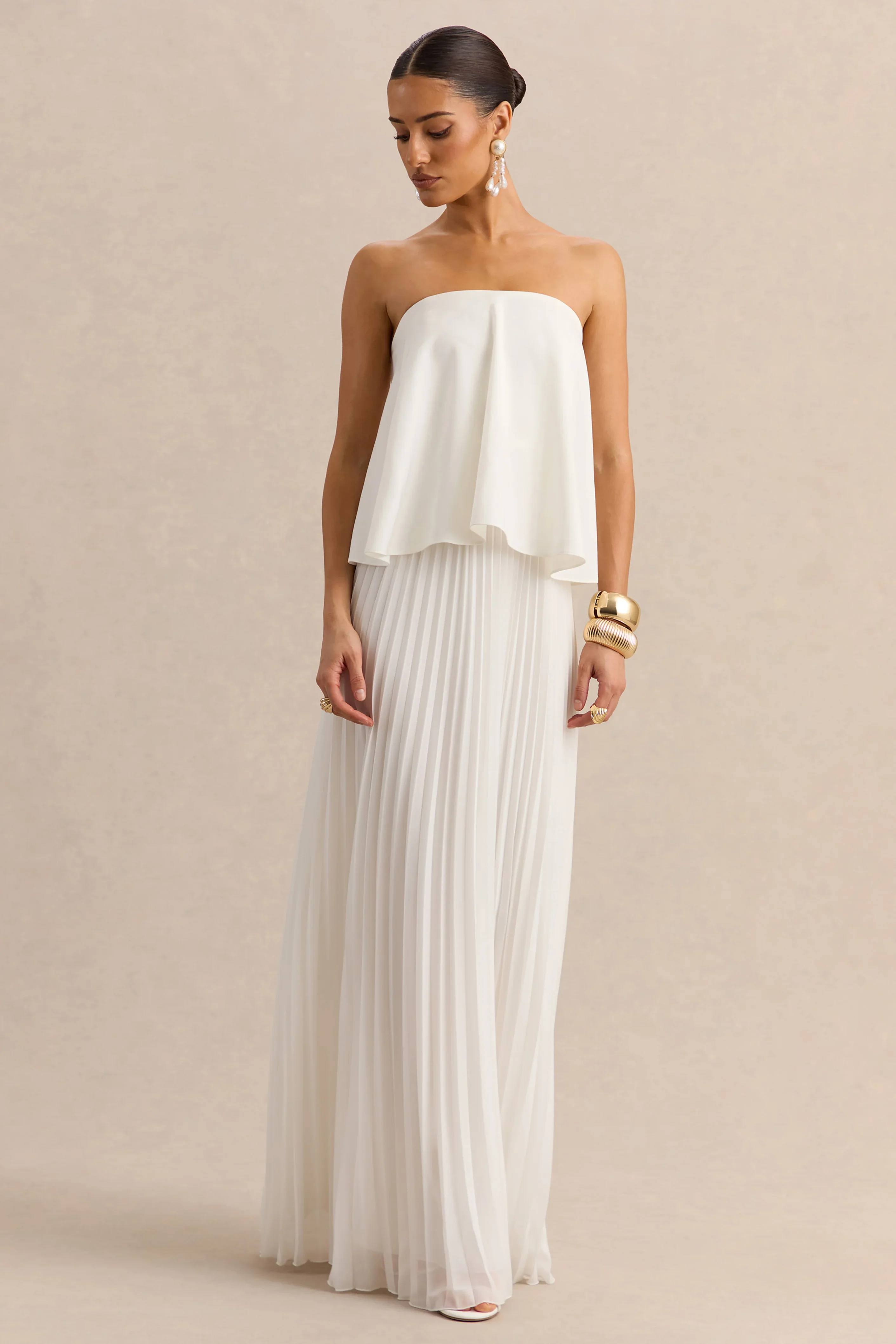 Saralyn White Bandeau Maxi Dress With Pleated Skirt