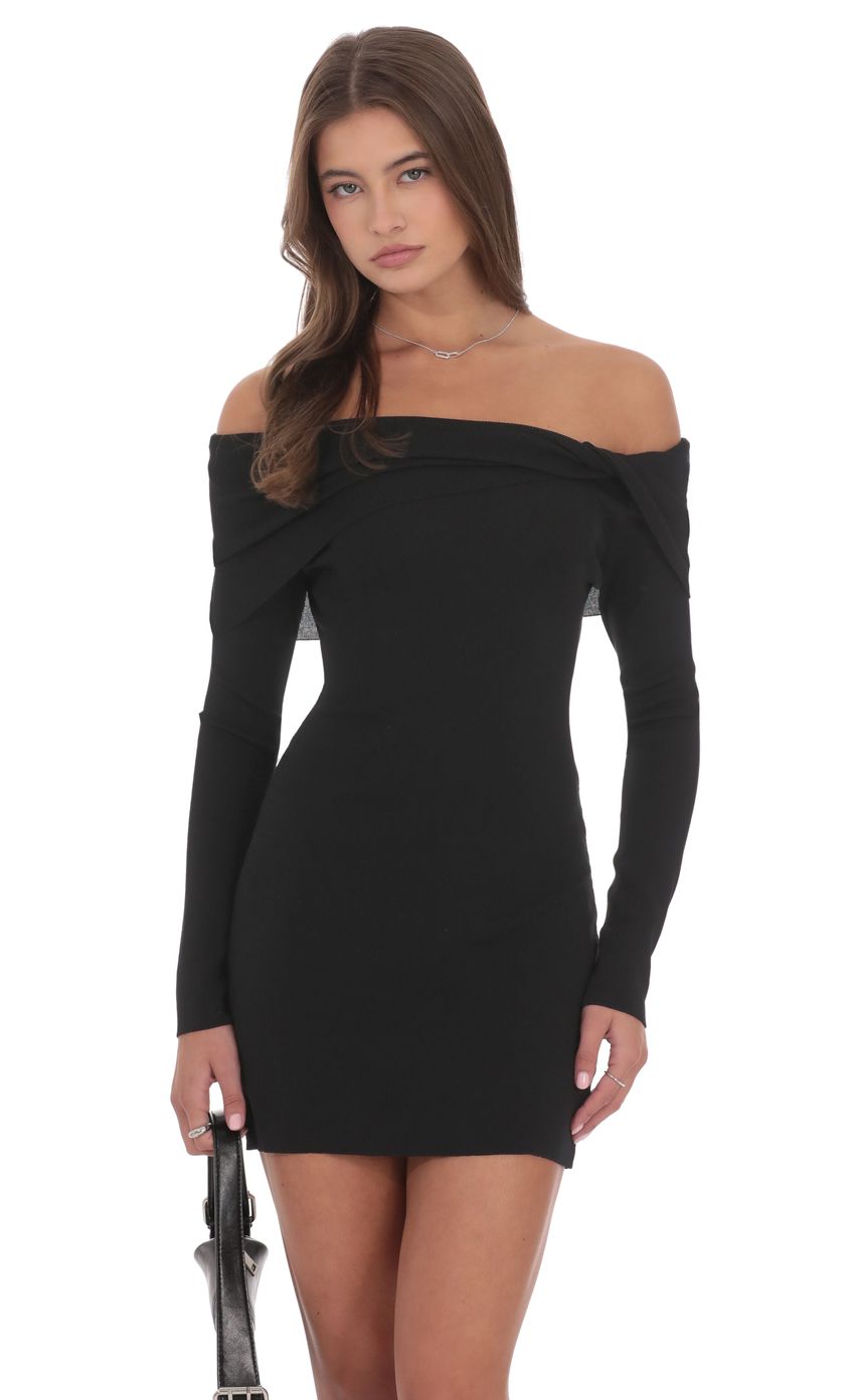 Ribbed Twist Off Shoulder Dress in Black