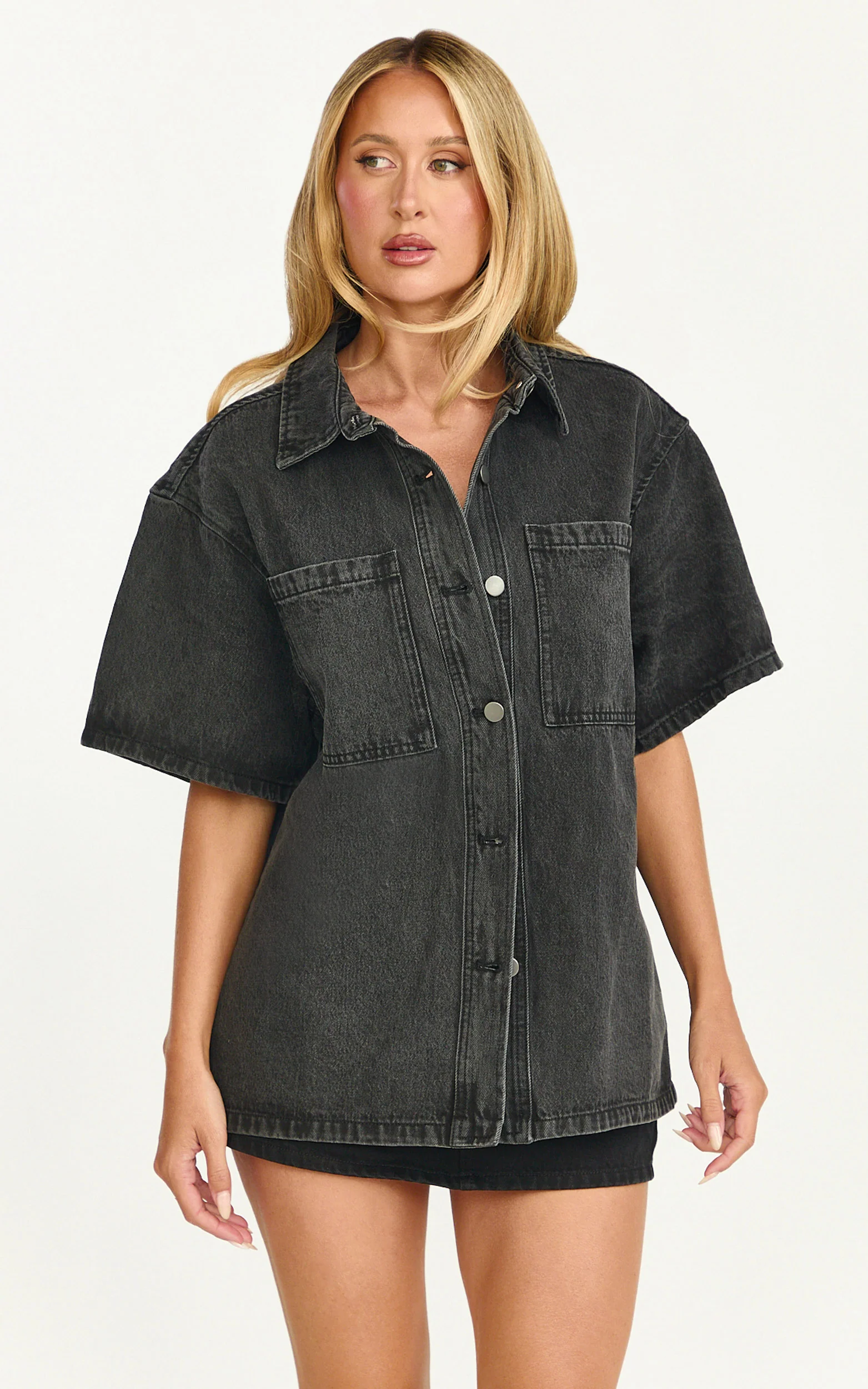 Iris Top - Oversized Recycled Denim Hardware Detail Short Sleeve Shirt in Black