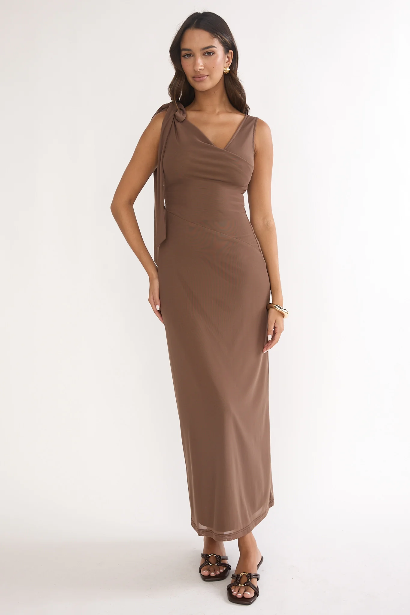 Cavelle Tie Shoulder Mesh Maxi Dress Chocolate - luluinthesky