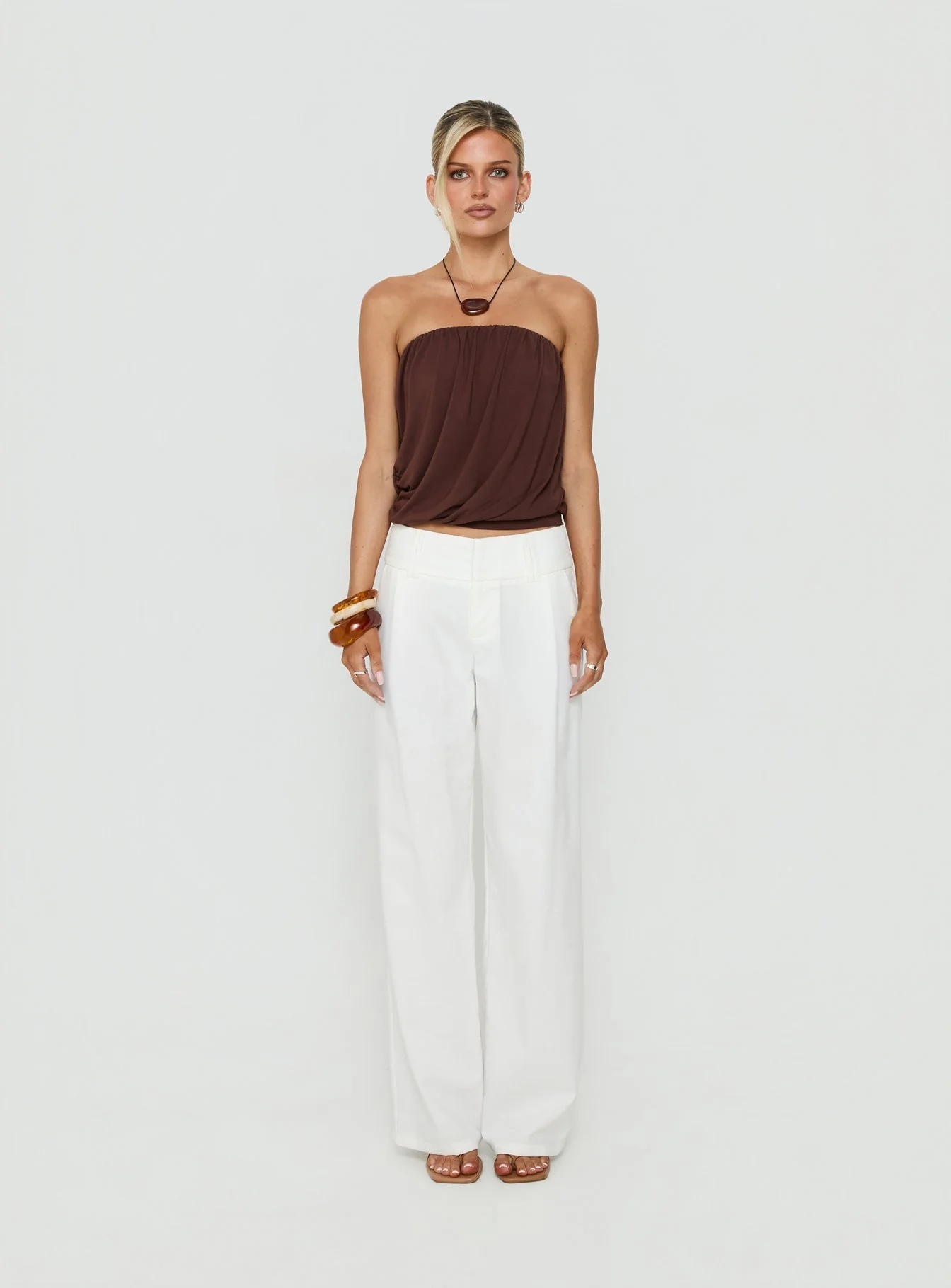 Taleisa Gathered Drape Strapless Top Brown