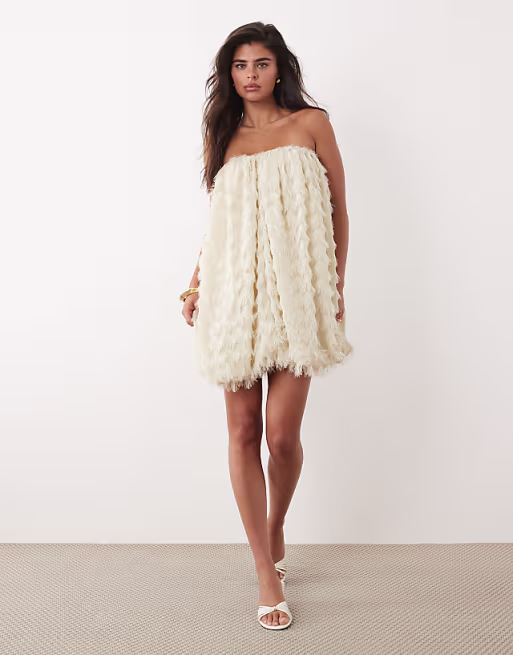 wave textured bubble hem sweetheart neck mini dress in stone