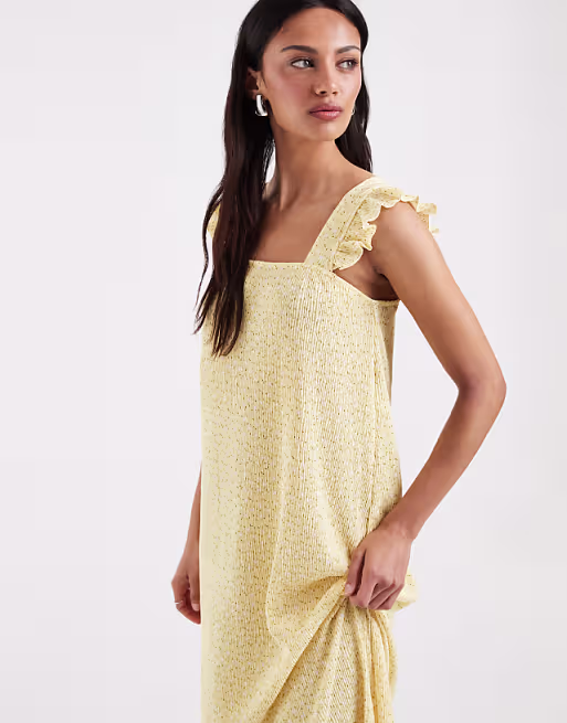 PIECES plisse maxi dress with frill sleeves in pastel yellow floral