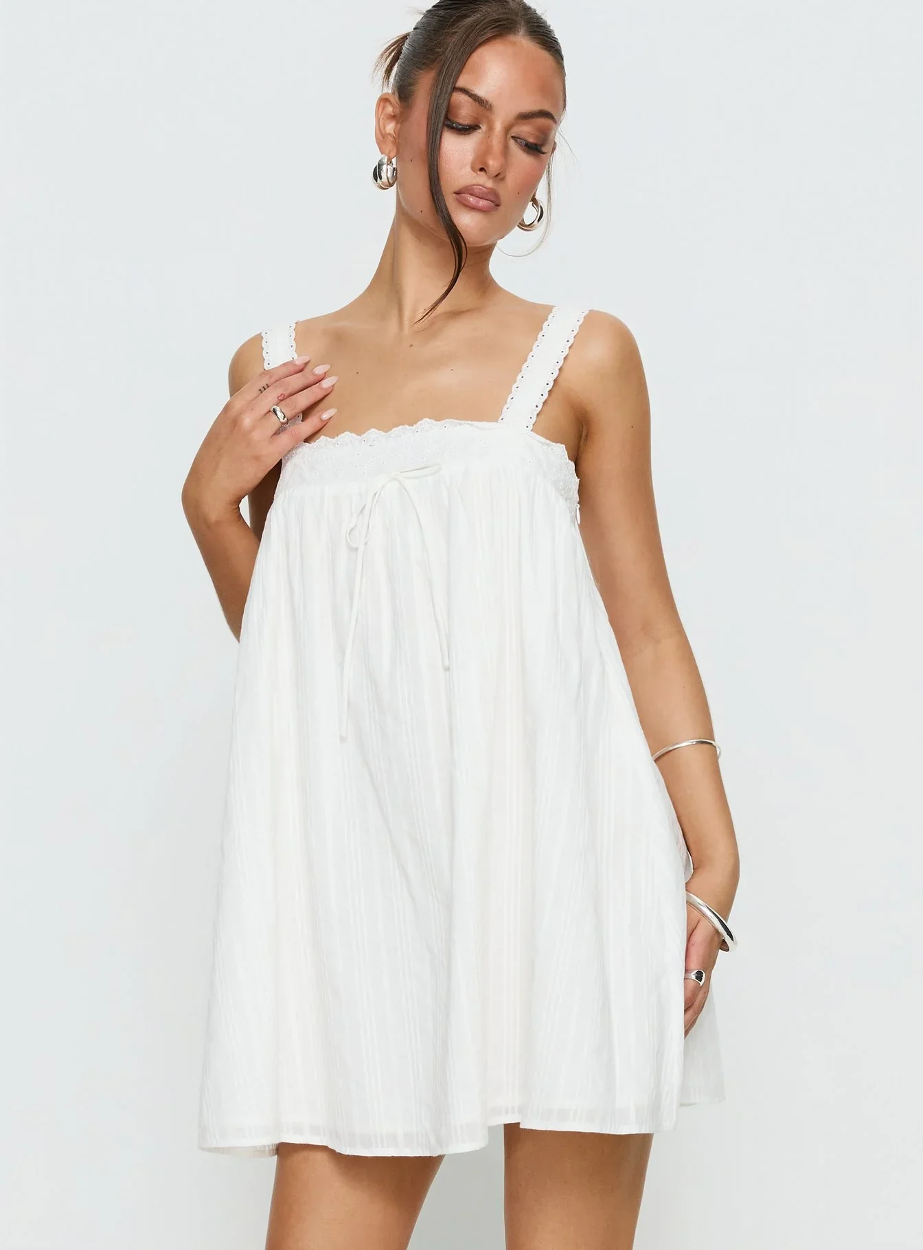 Reason To Stay Lace Trim Floaty Mini Dress White - luluinthesky
