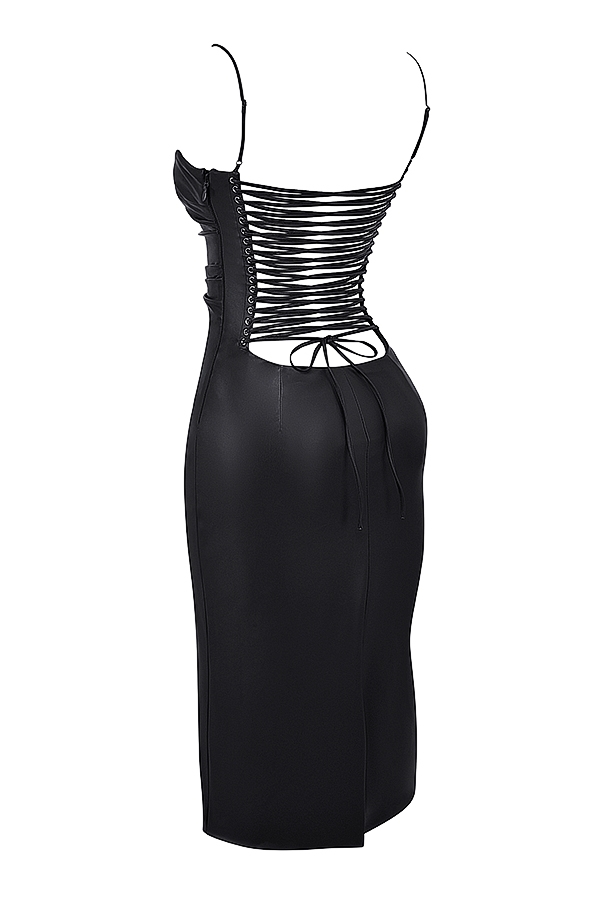 Black Vegan Leather Lace Back Dress