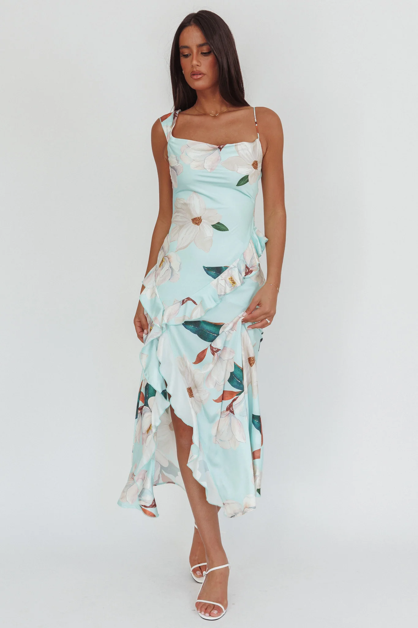 Sunshine Eternity Asymmetric Neckline Ruffle Maxi Dress Floral Mint