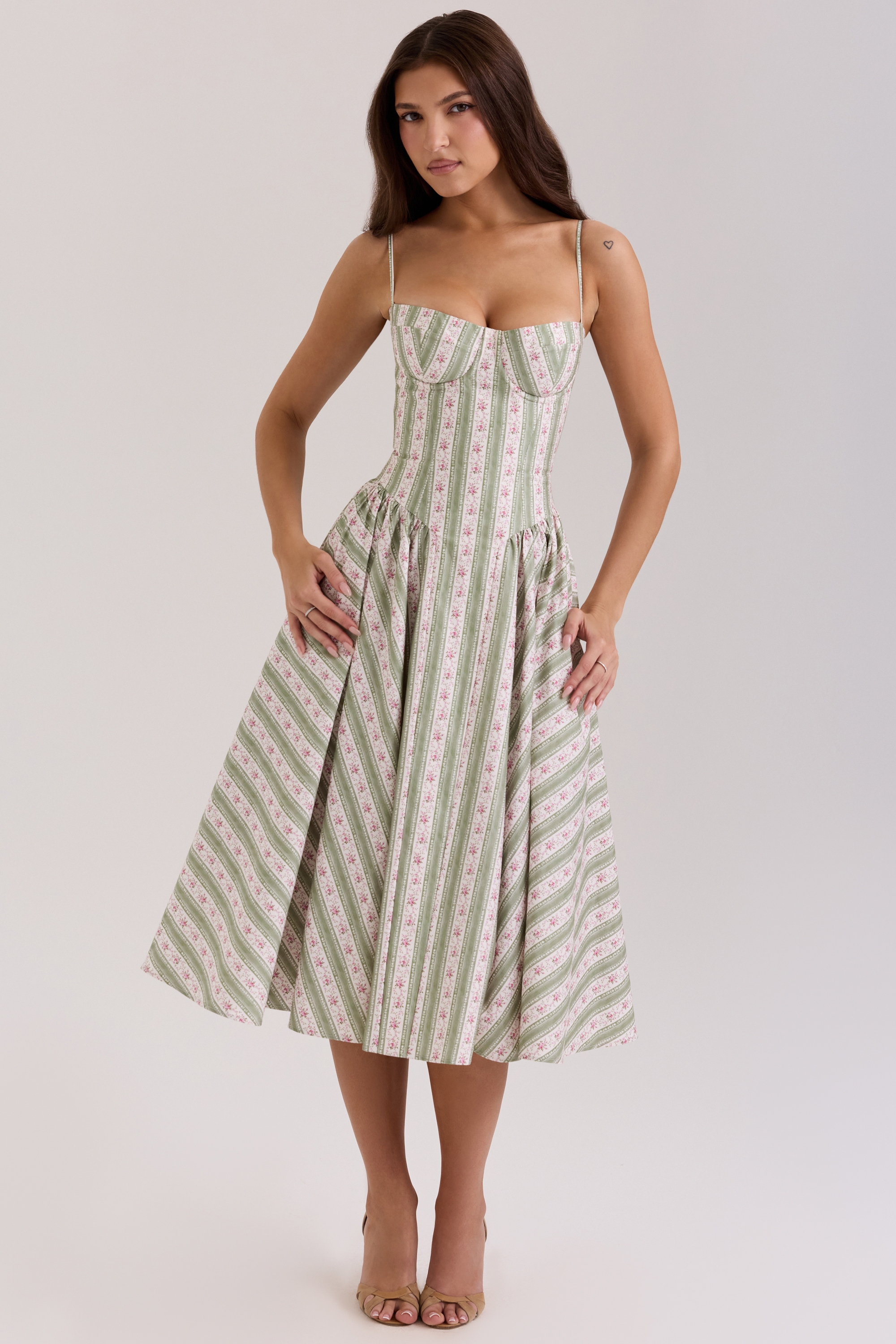 Sage Striped Floral Print Cotton Midi Dress
