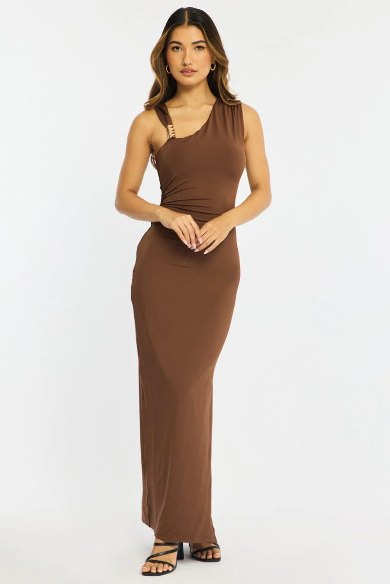 Brown Maxi Dress One Shoulder Hard Wear Detail