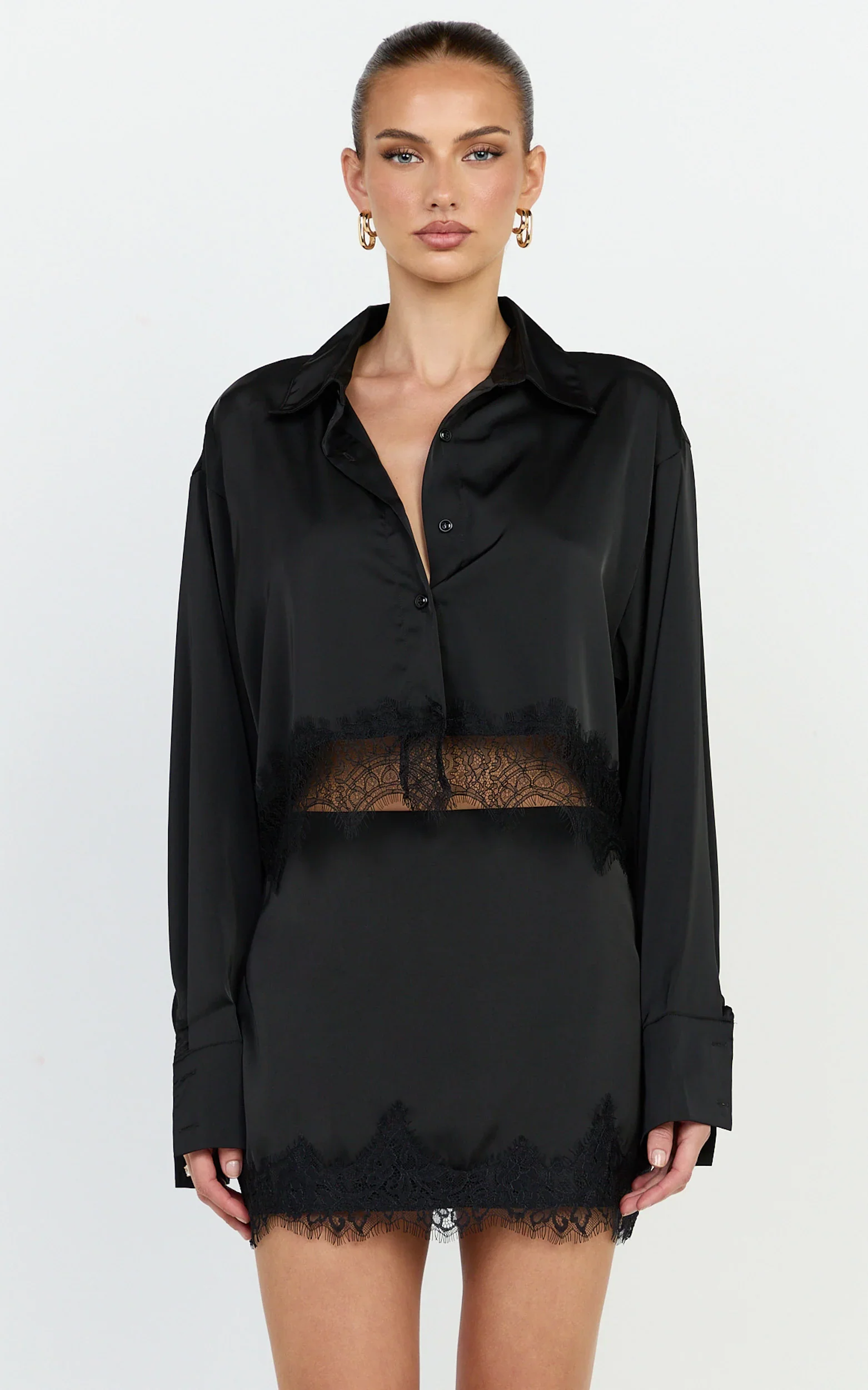 Gabrielle Top - Long Sleeve Shirt With Lace Trim in Black