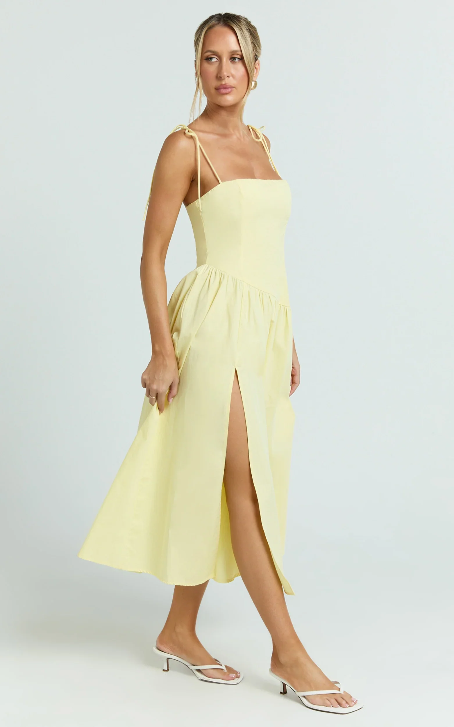 Myrtle Midi Dress - Straight Neck Curved Drop Waist Gathered Full Skirt Dress in Lemon