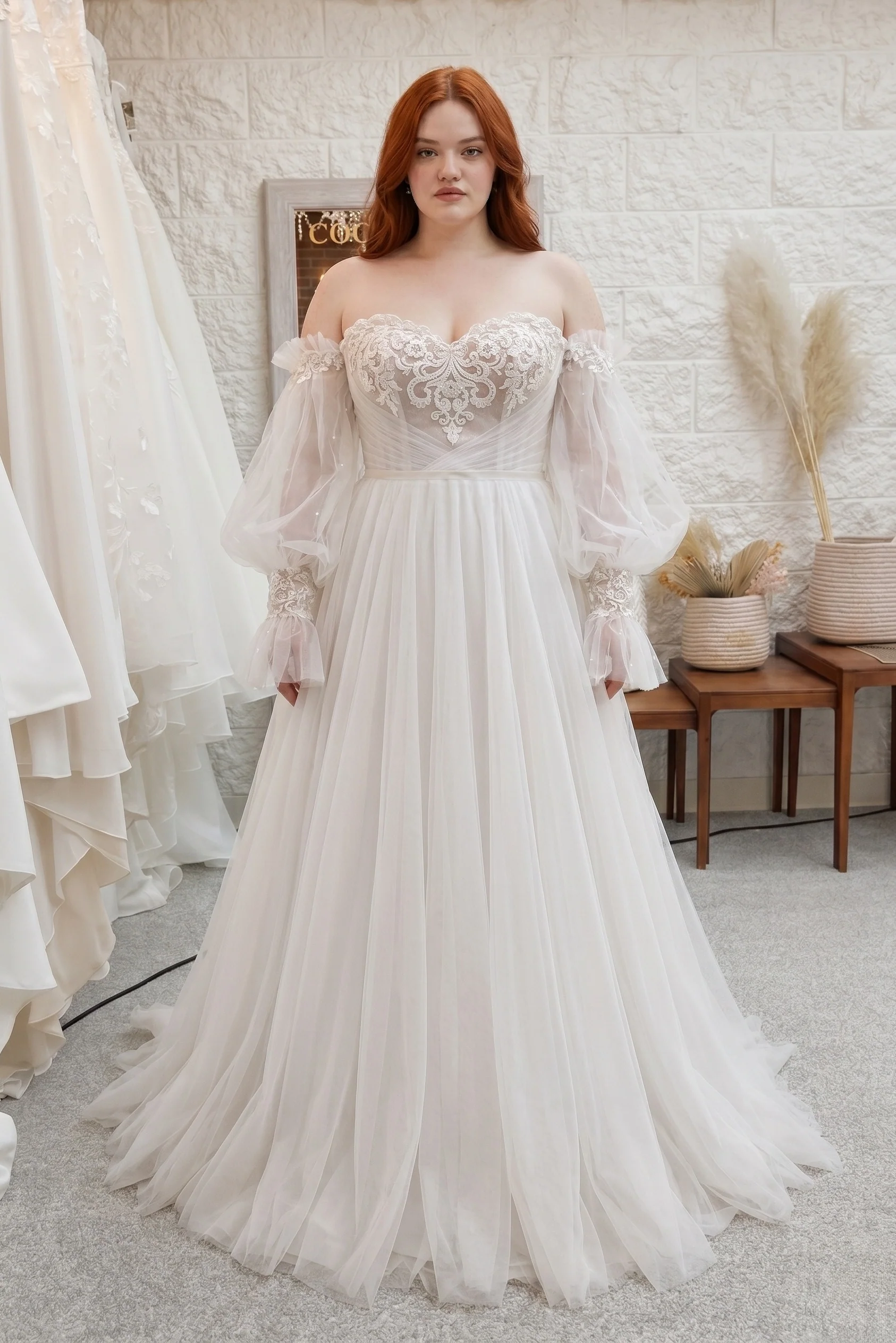 A-Line Court Train Lace Tulle Wedding Dress CW3237