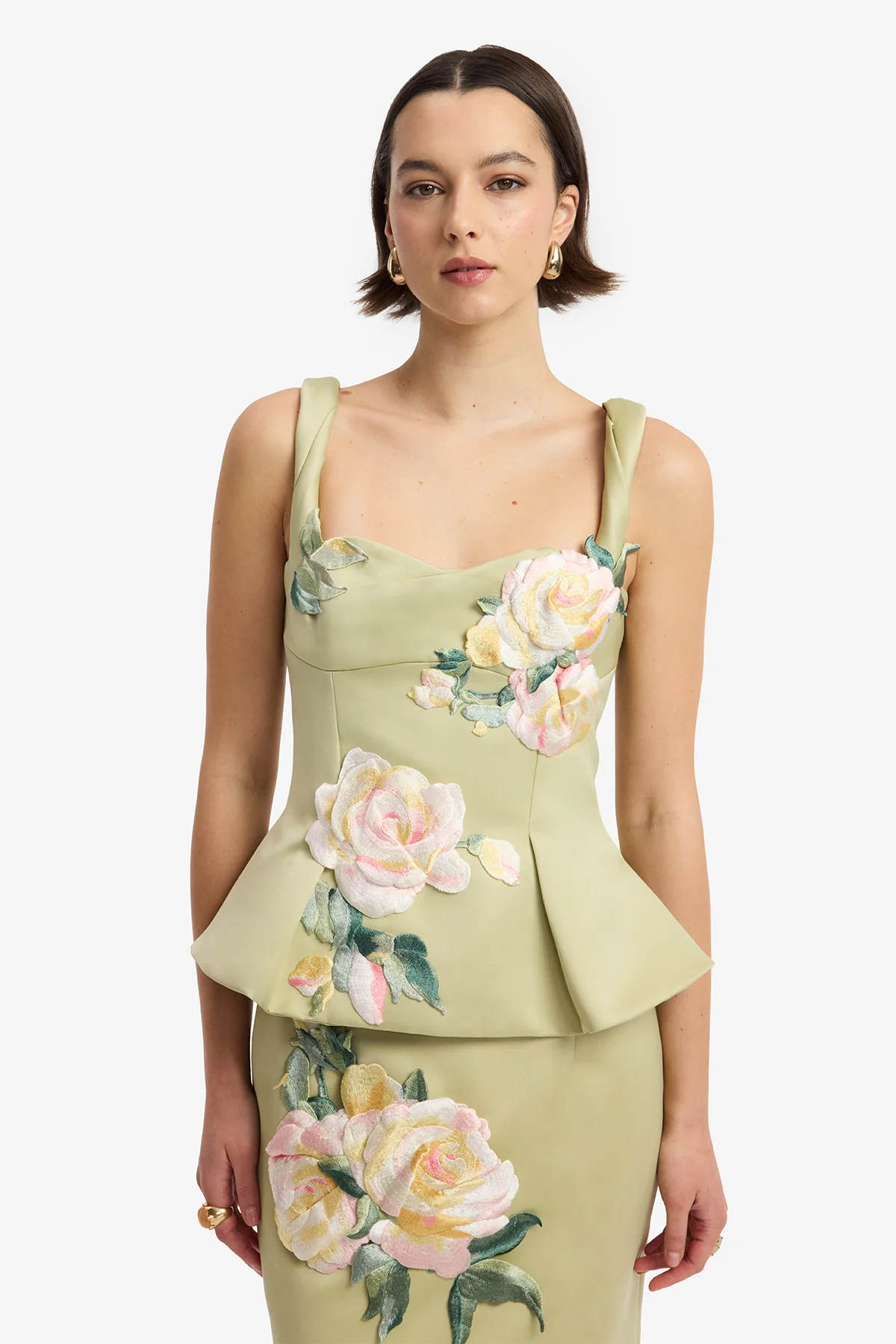 Quinn Embroidered Midi Skirt - Pistachio Rose Print