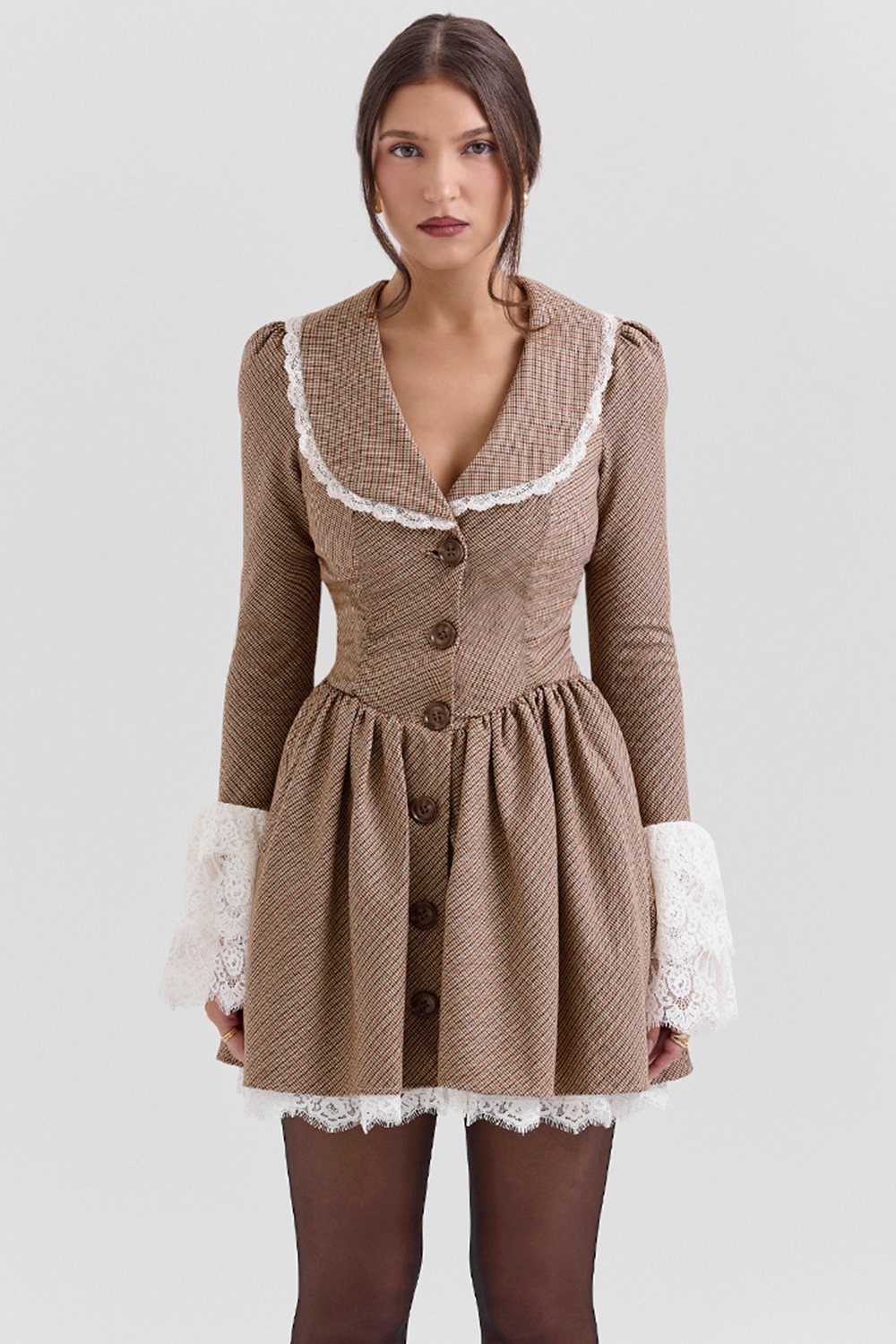 Brown Puppytooth Check Mini Dress