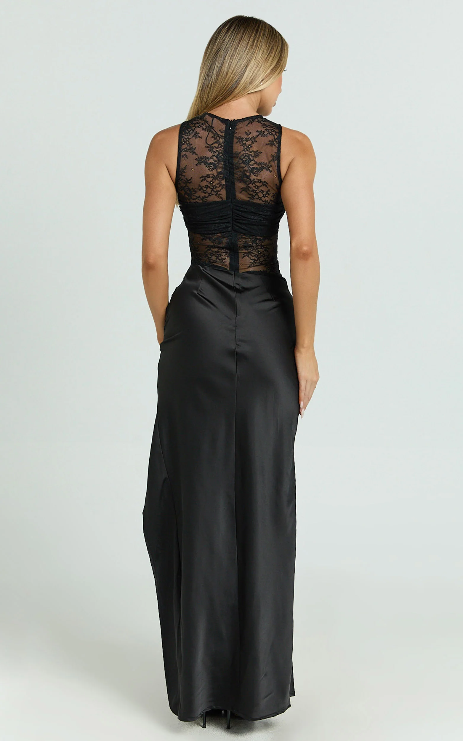 Reeves Maxi Dress - Contrast Lace High Neck Fitted Satin Dress in Black