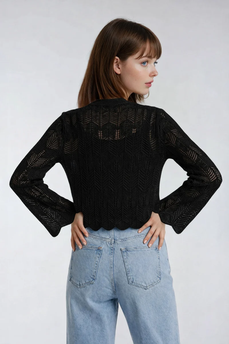 Open-Front Pointelle Bow Cardigan