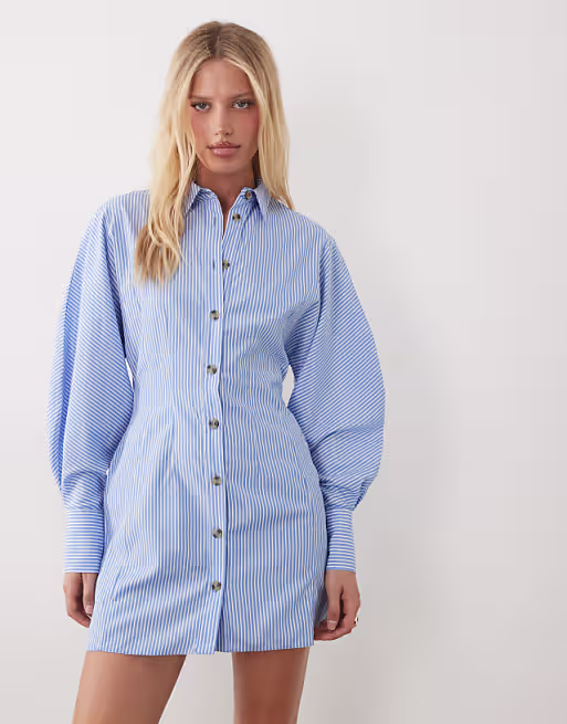 mini shirt dress with cinched waist in blue stripes