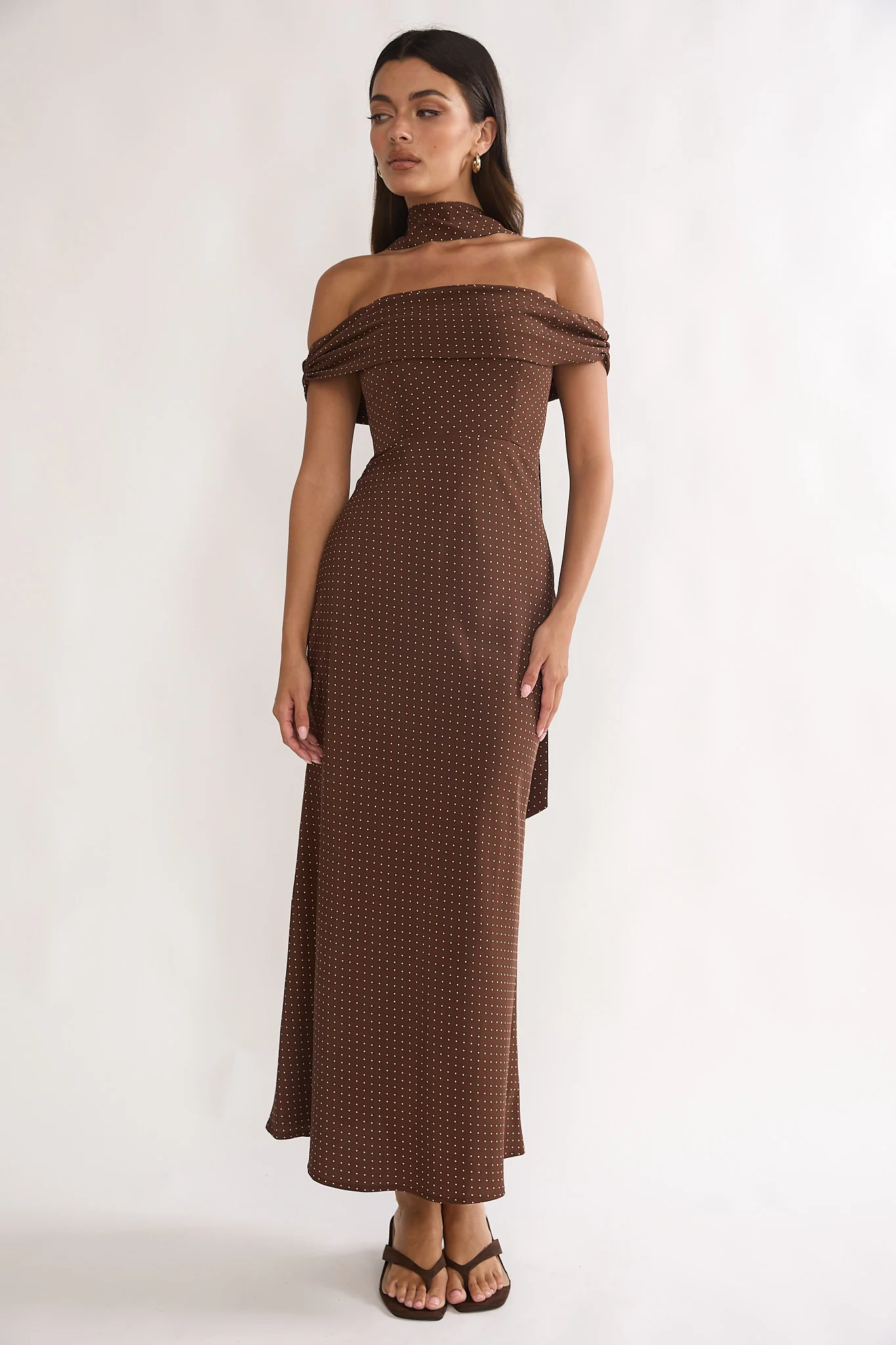 Alissa Off-Shoulder Maxi Dress Polka Dot Chocolate