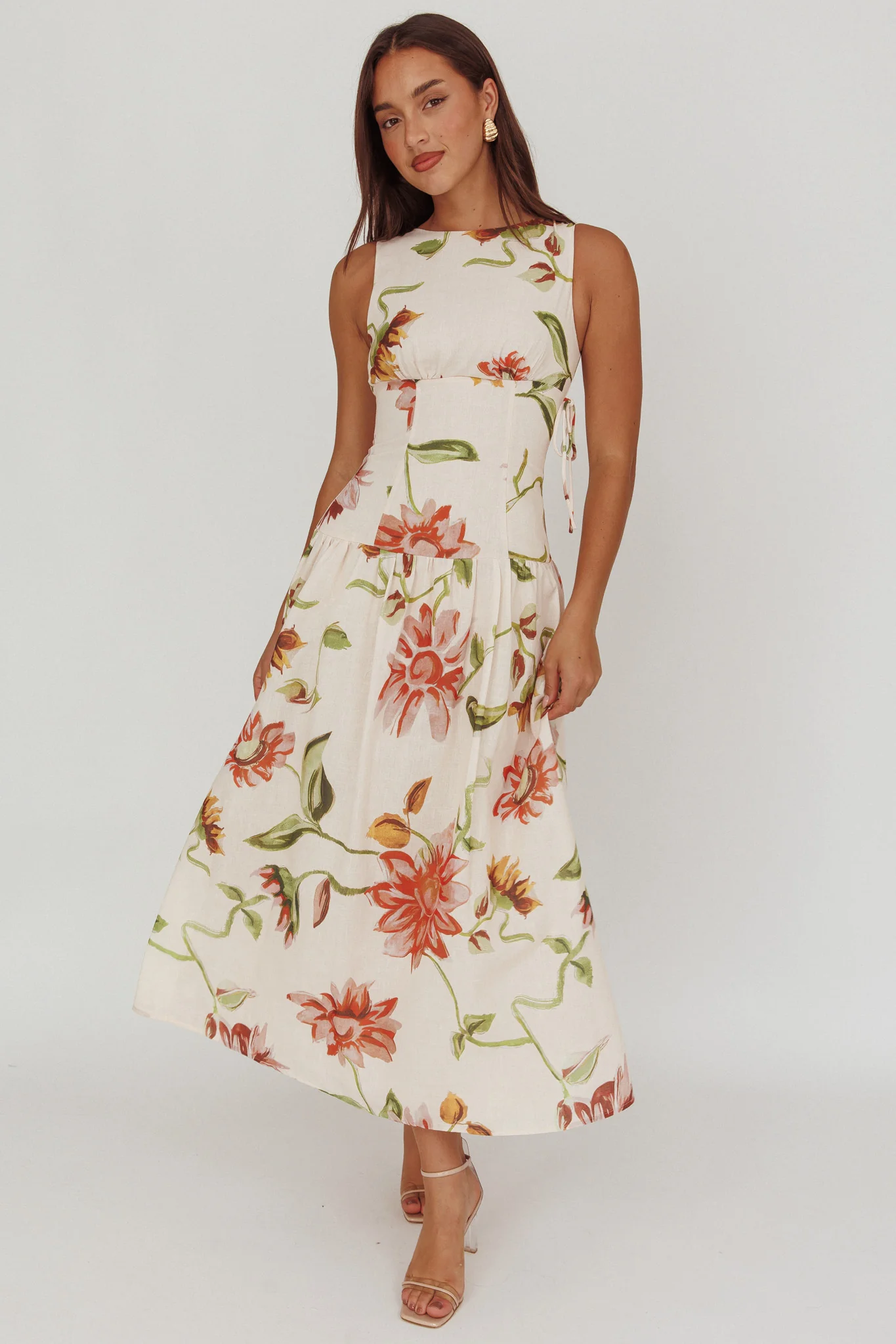Audraya Drop Waist Maxi Dress Floral Beige