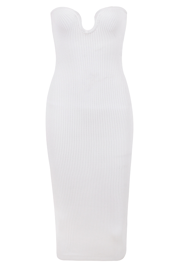 White Ribbed Knit Strapless Midi Dress
