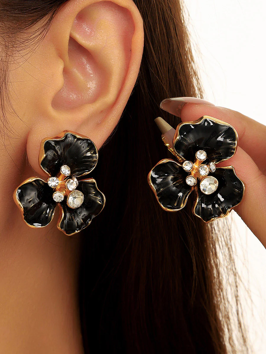 Flower Shape Rhine Stones Earrings Accessories