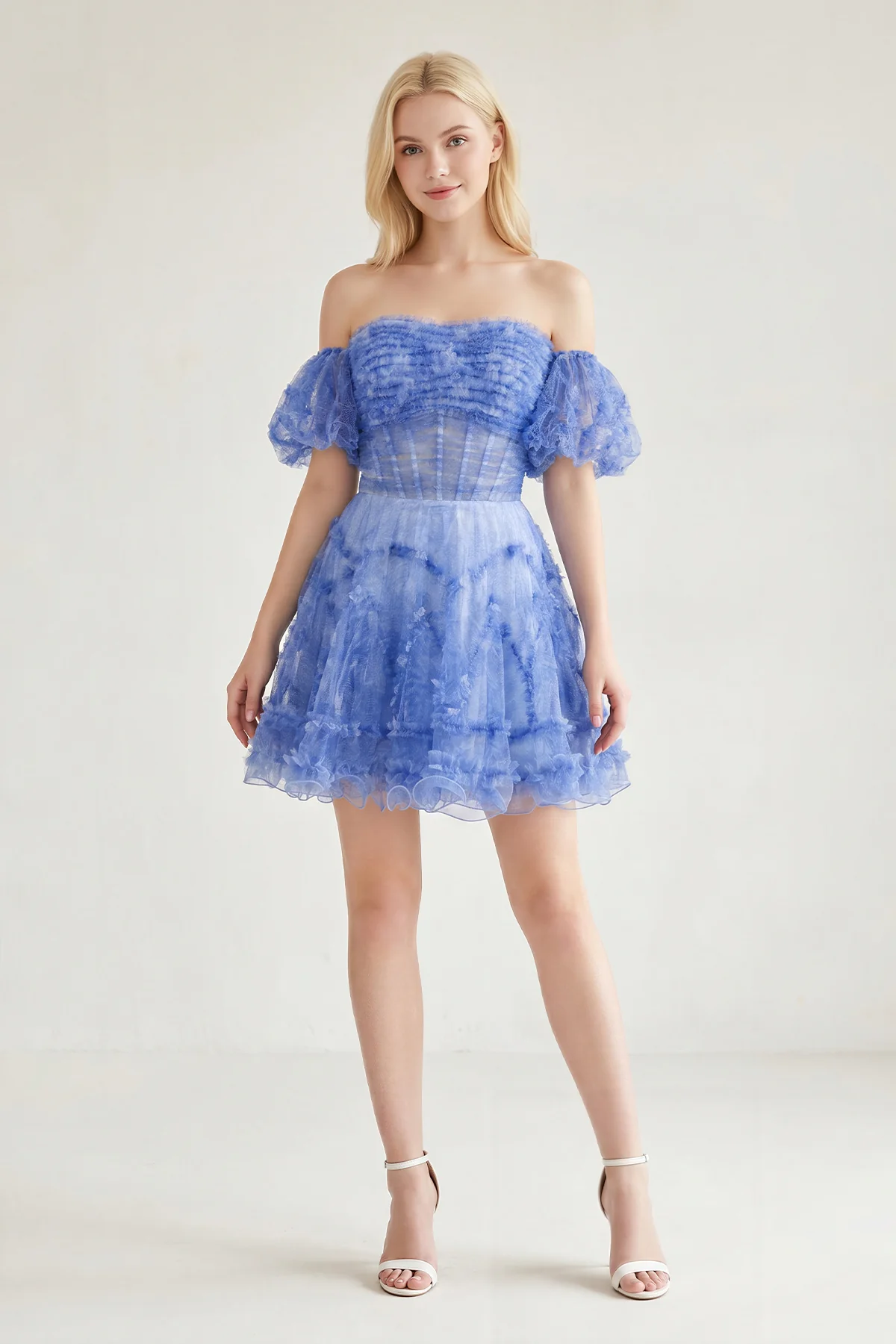 Blue Puff Sleeves Ruffles A-line Prints Homecoming Dress