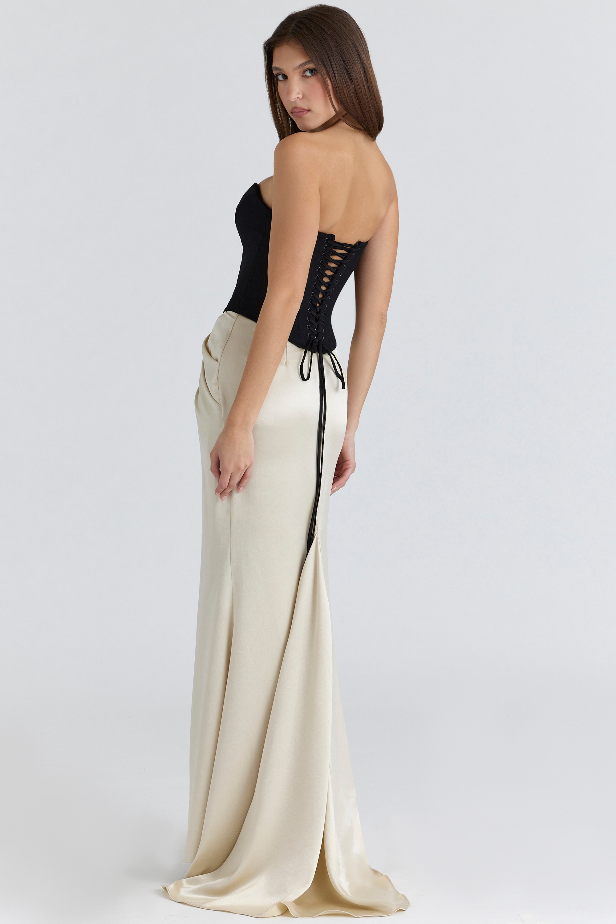 black & champagne corset maxi gown