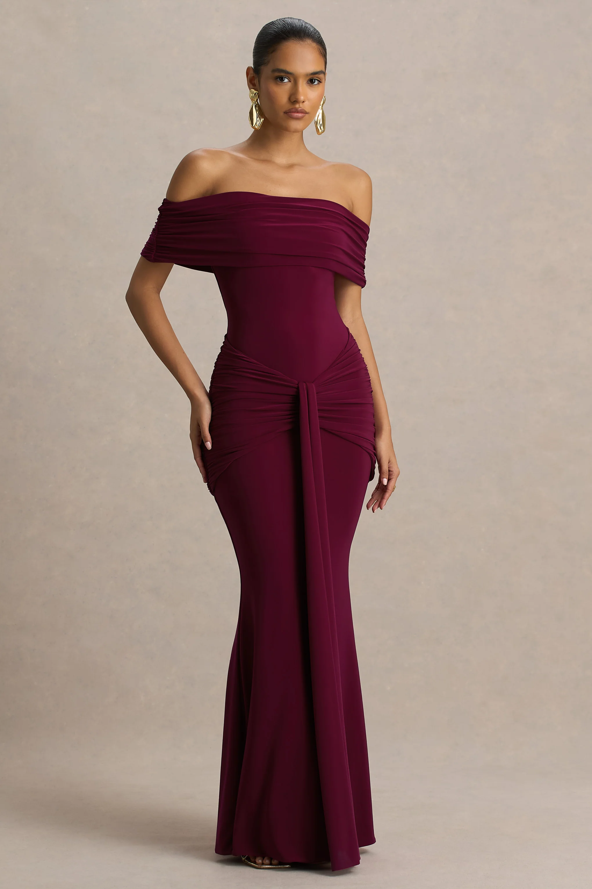 Envisioned | Burgundy Bardot-Neck Maxi Dress With Gathered And Drape Detail