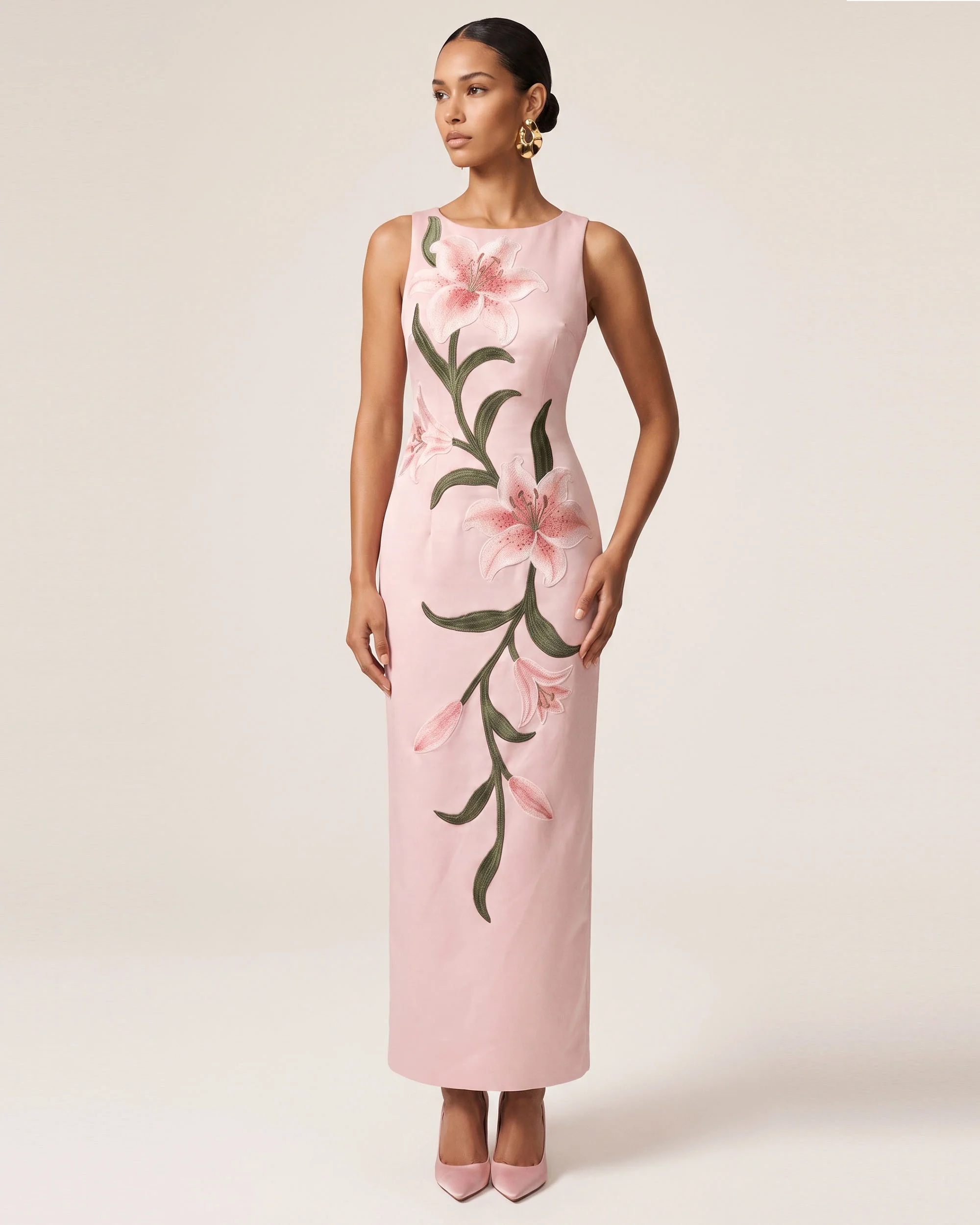 Lily Floral Print Sleeveless Column Maxi Dress - Light Pink