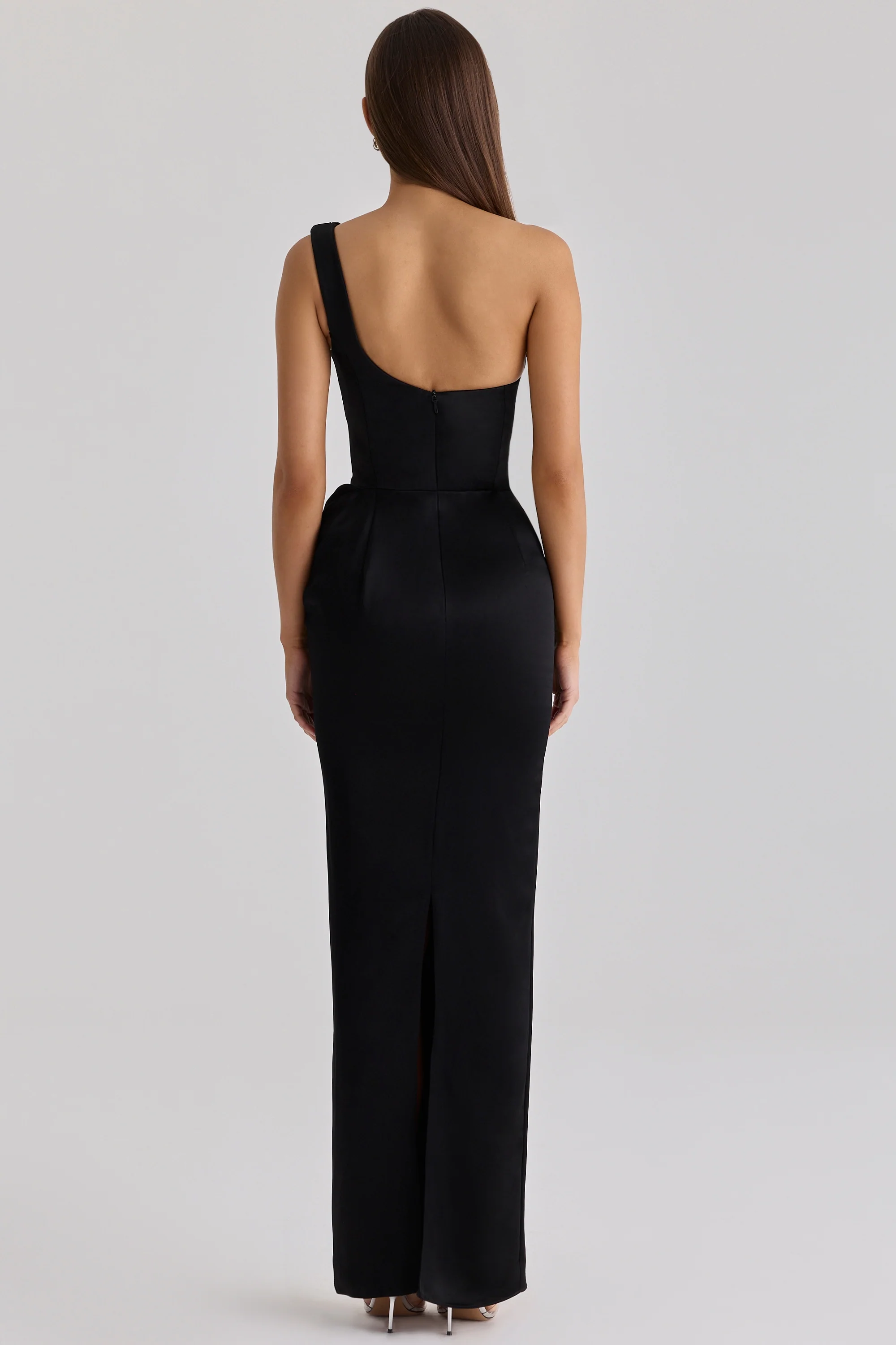 Black Satin One Shoulder Maxi Dress