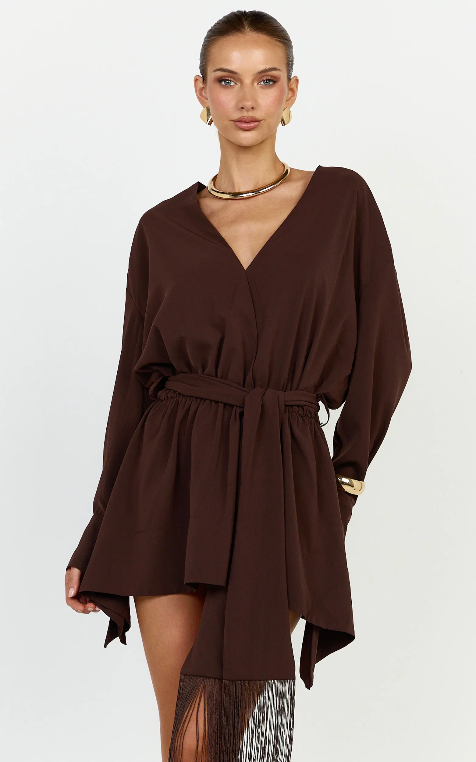 Ariette Mini Dress - Plunge Neck Fringe Detail Belt Dress in Chocolate