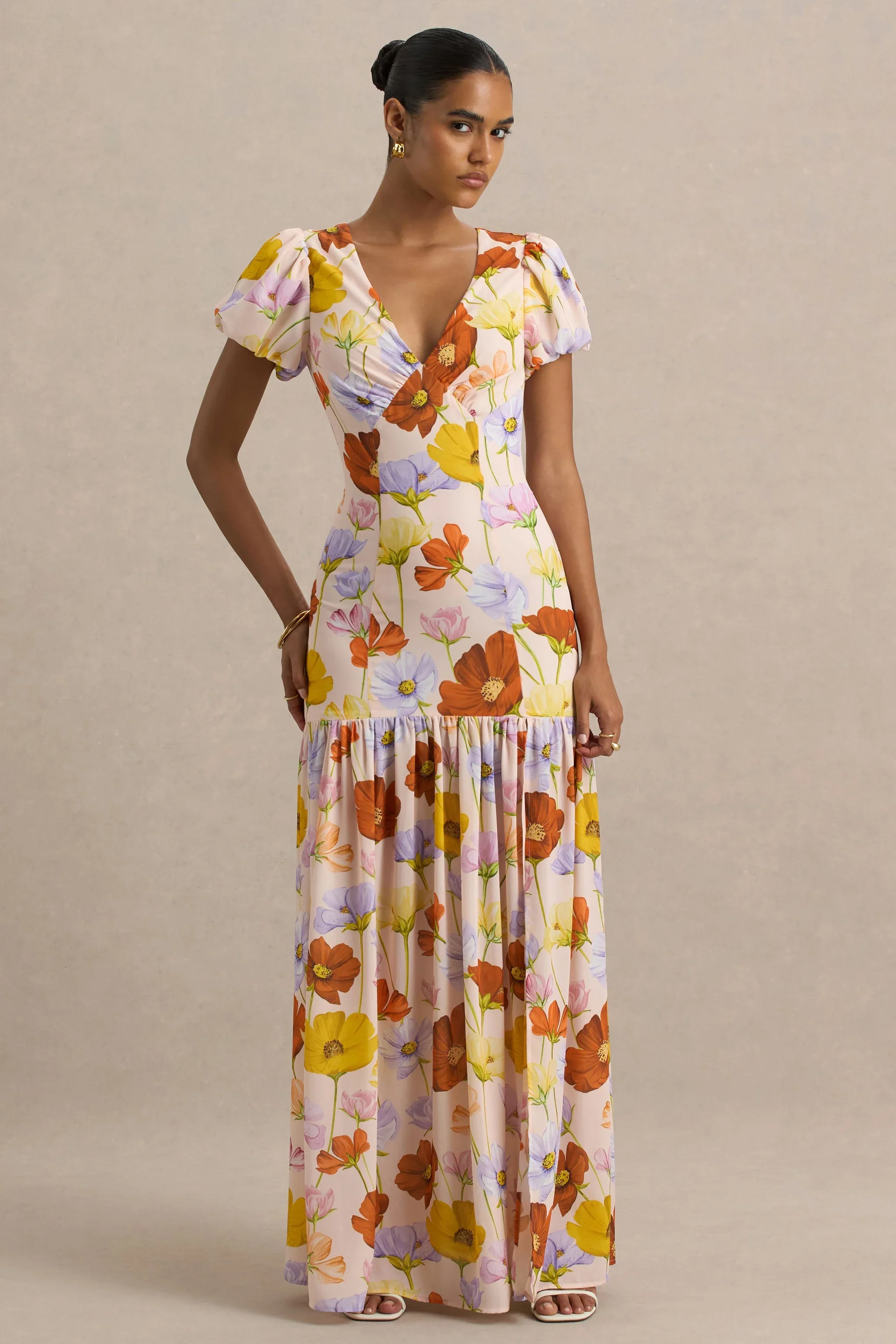 Ginny | Bright Floral Print Puff-Sleeve Split Maxi Dress