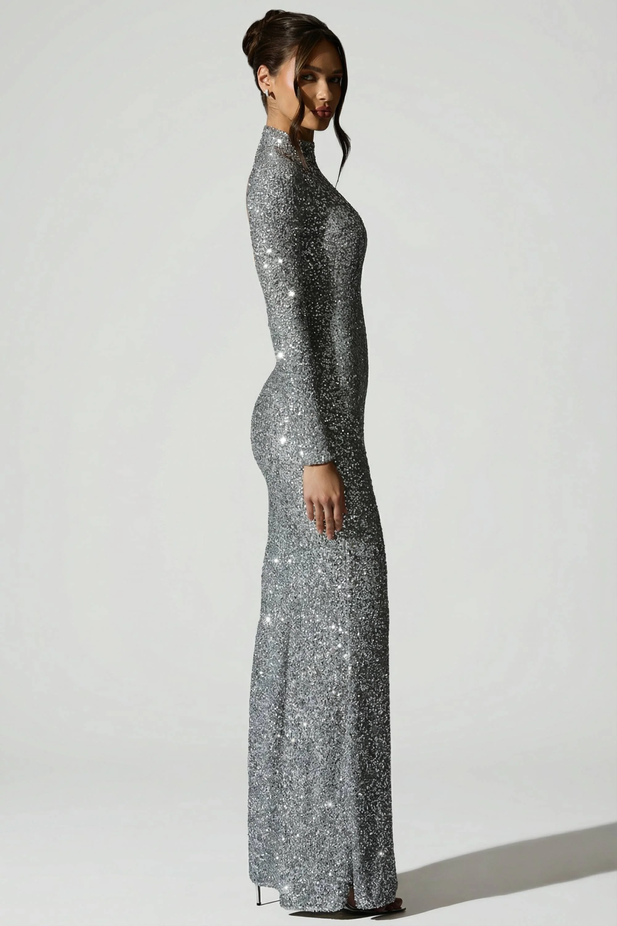 Embellished Open-Back Gown in Silver