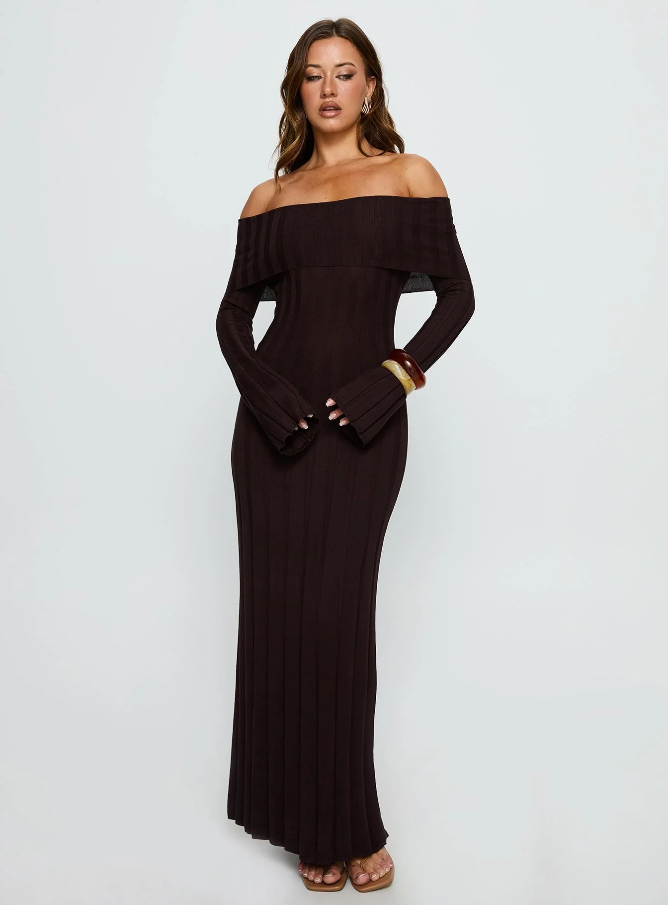 Ellouisa Long Sleeve Rib Maxi Dress Chocolate
