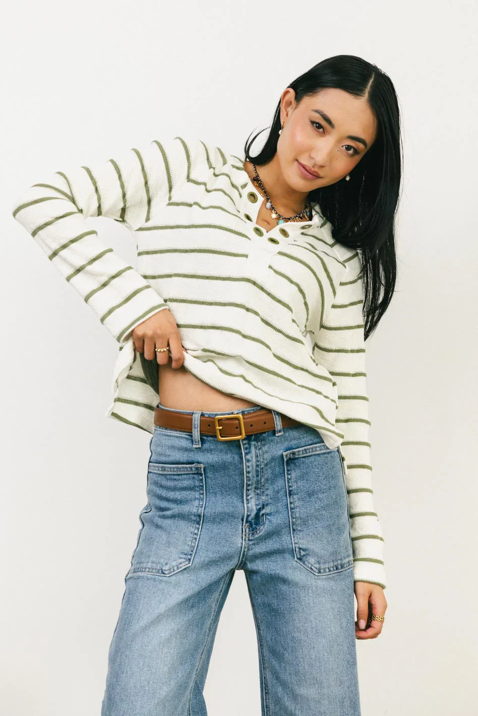Franny Striped Grommet Top in Olive