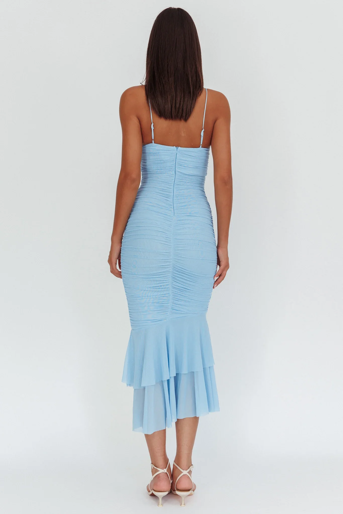 Nadia Ruffle Neckline Ruched Midi Dress Blue