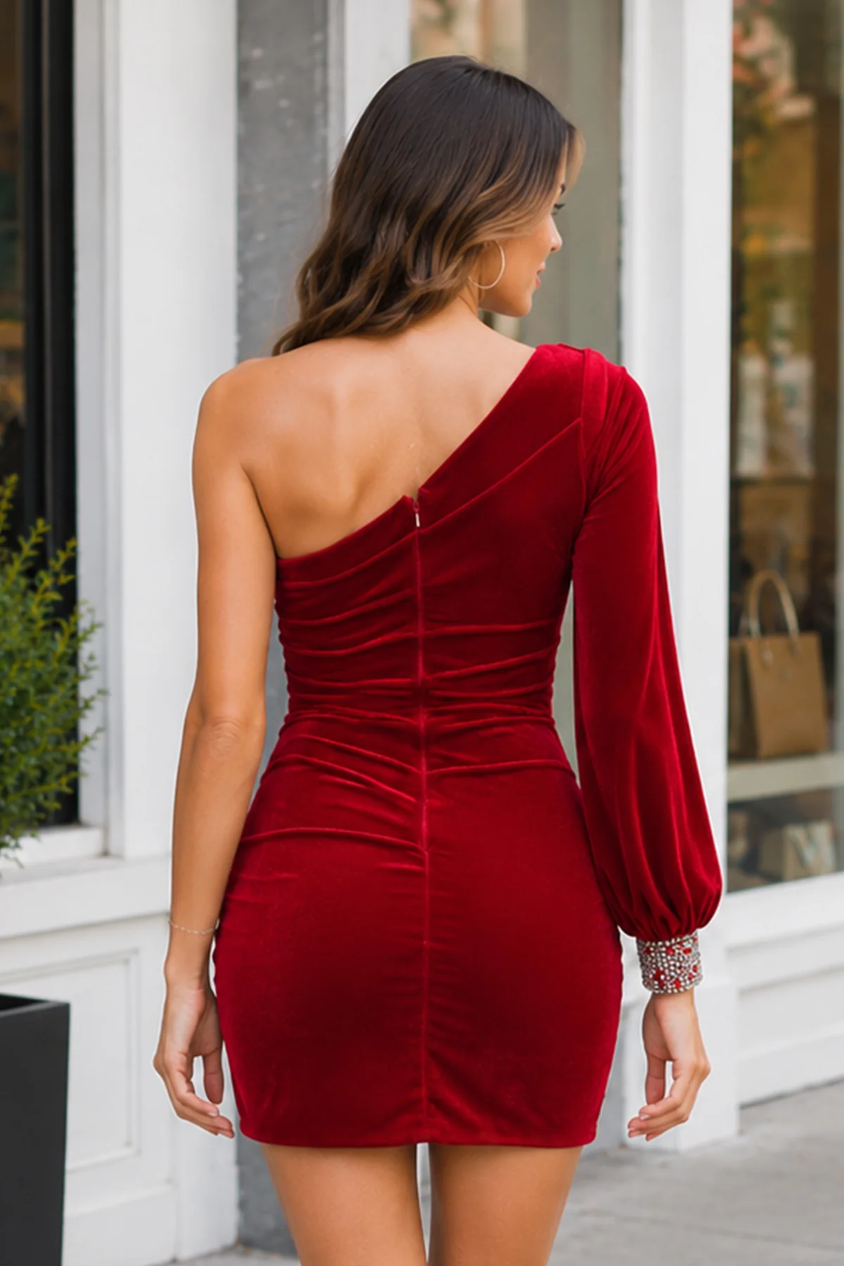 Navy Blue Sheath One-Shoulder Long Sleeve Homecoming Dress