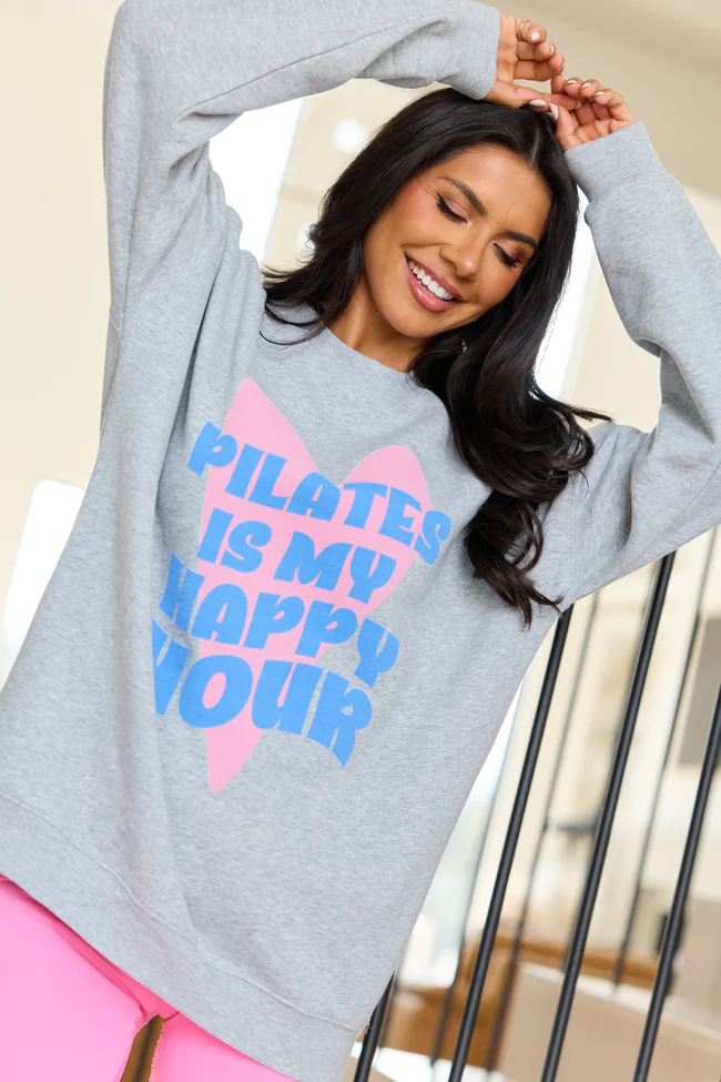 Pilates Is My Happy Hour Light Grey Graphic Sweatshirt