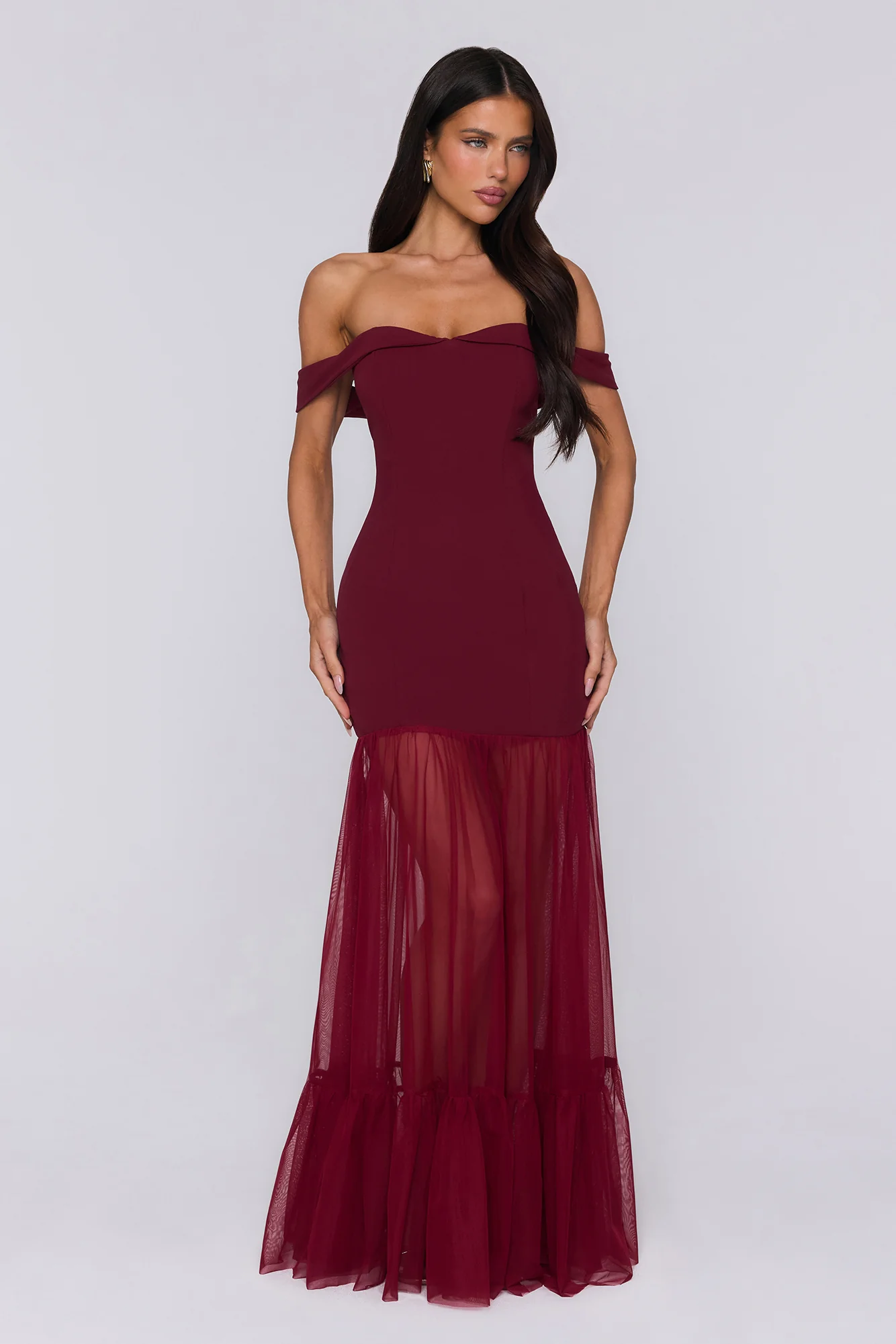 Pretty Lullaby Off Shoulder Maxi Dress Burgundy