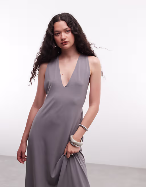 Weekday maxi dress with deep v neck and racer back metal detail in gray