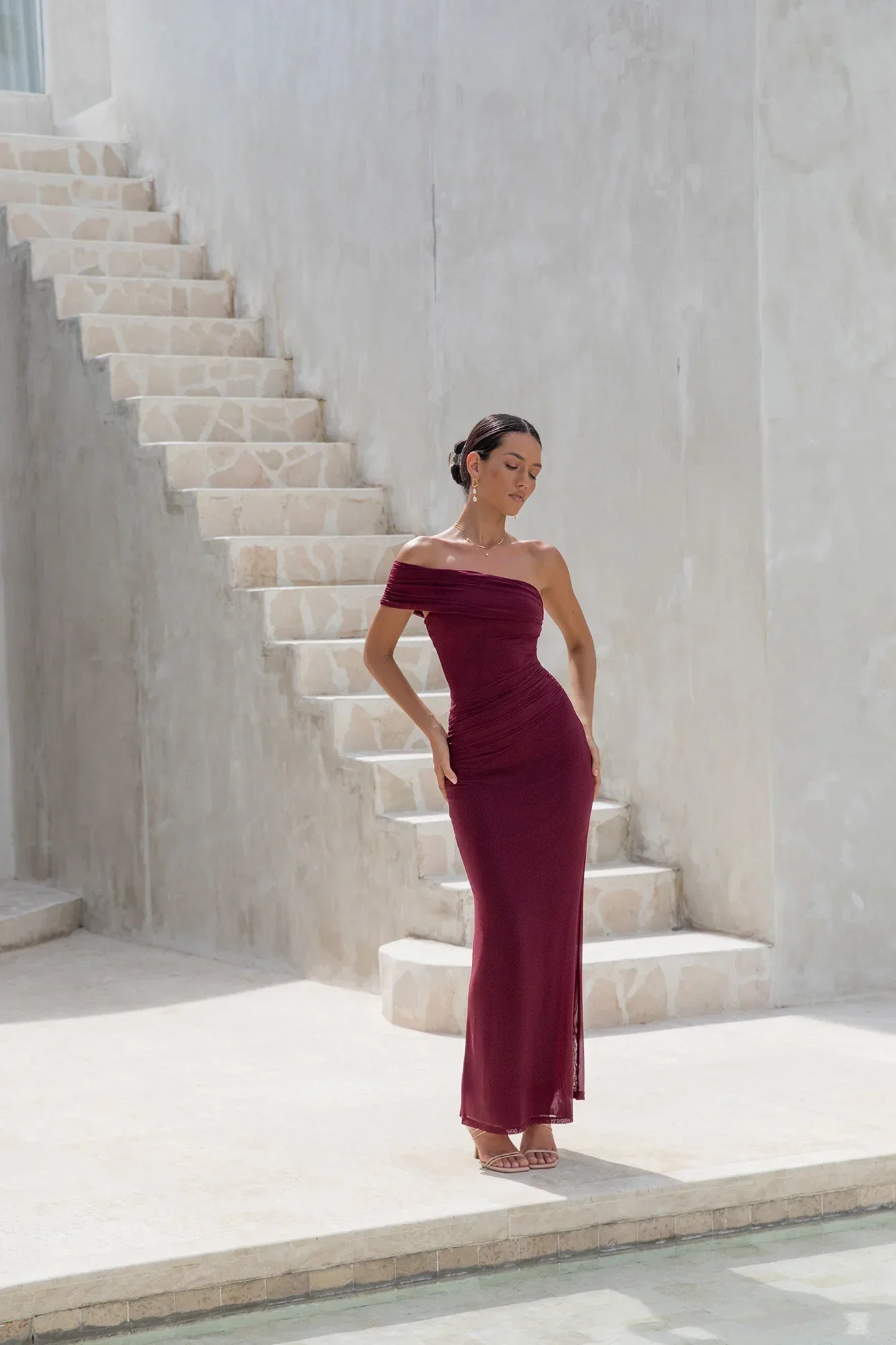 Dahlia One Shoulder Mesh Maxi Dress Maroon