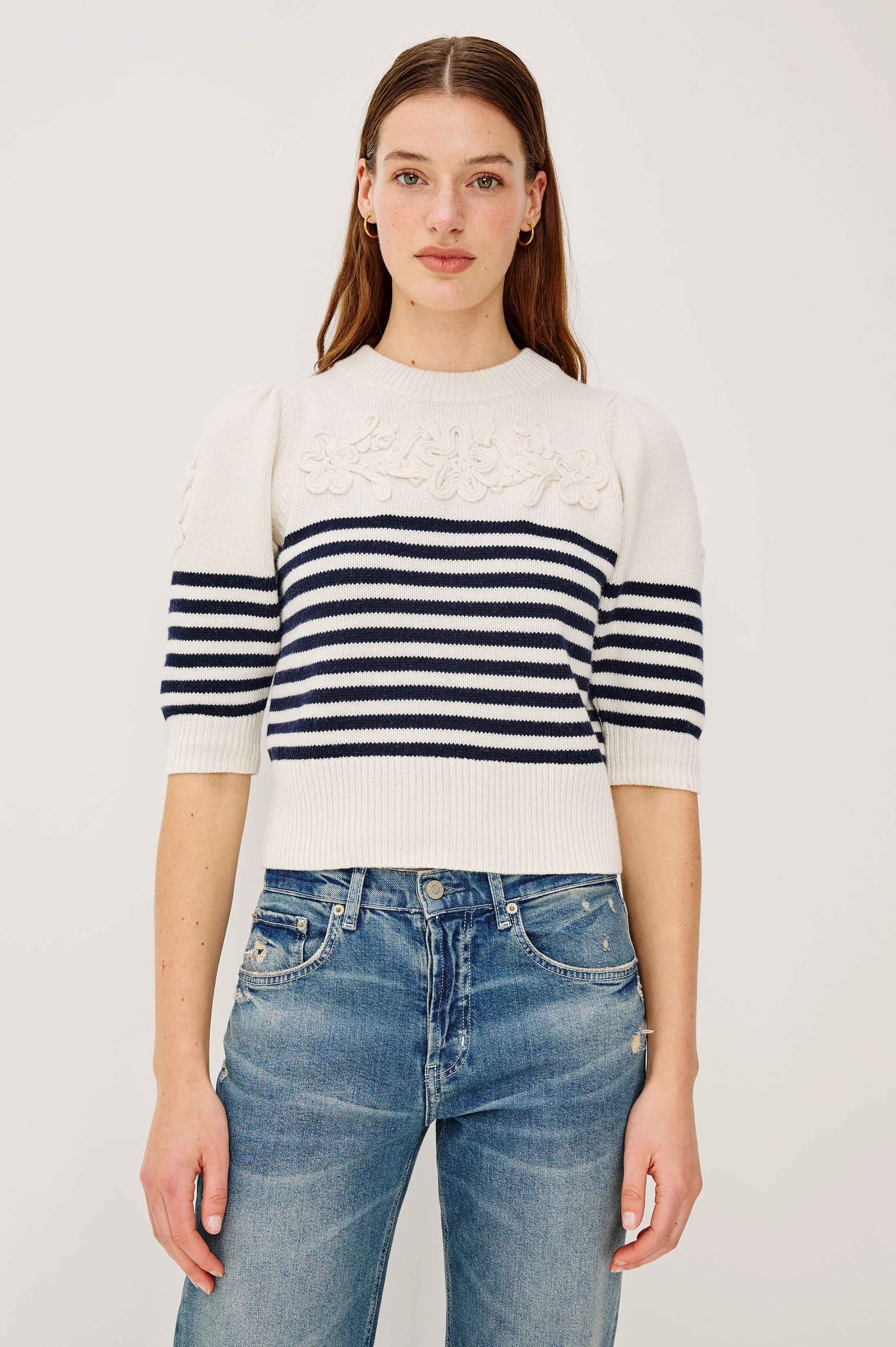 Martha Top - Ivory Navy Floral Stripe