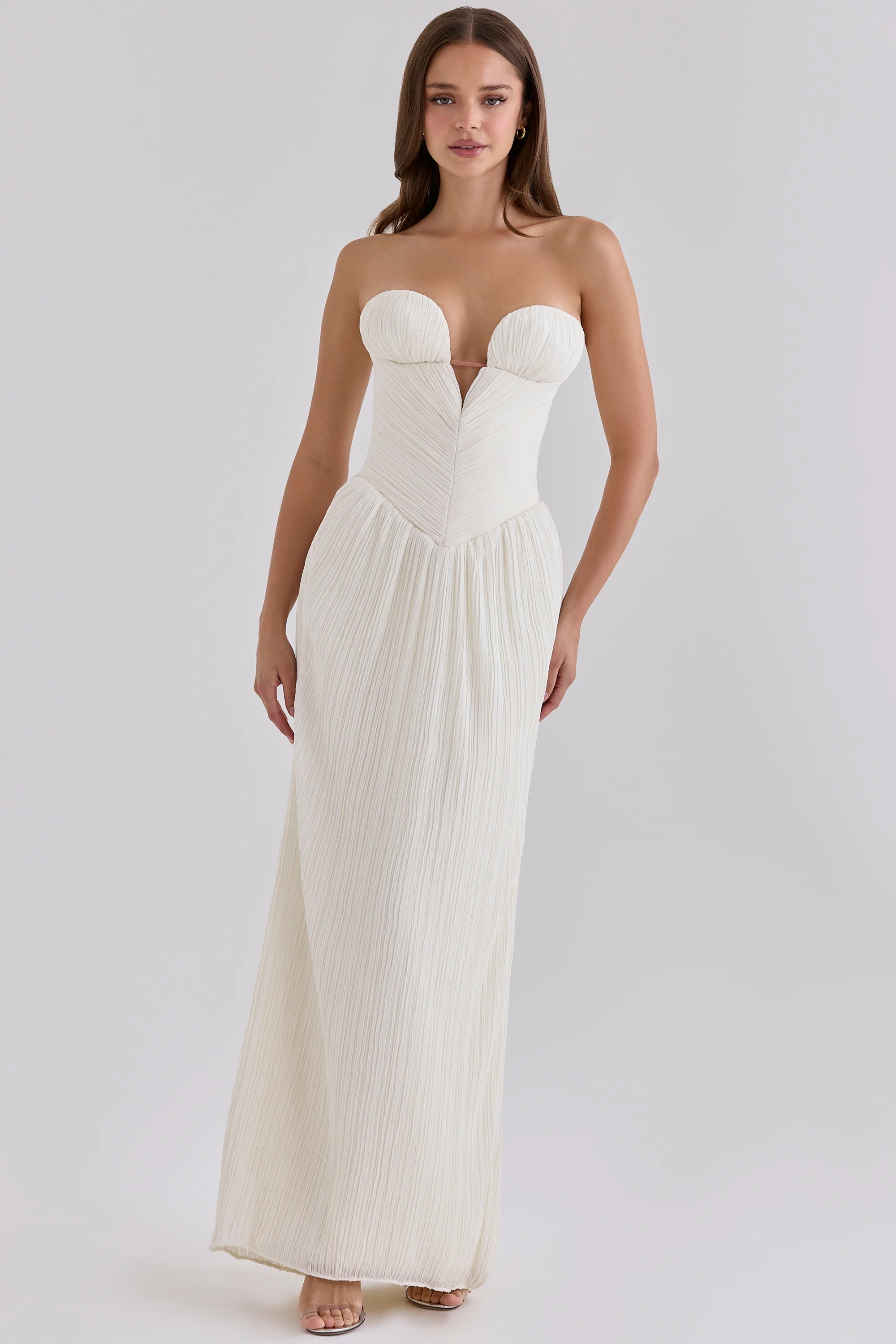 White Chiffon Micro Pleat Strapless Maxi Gown