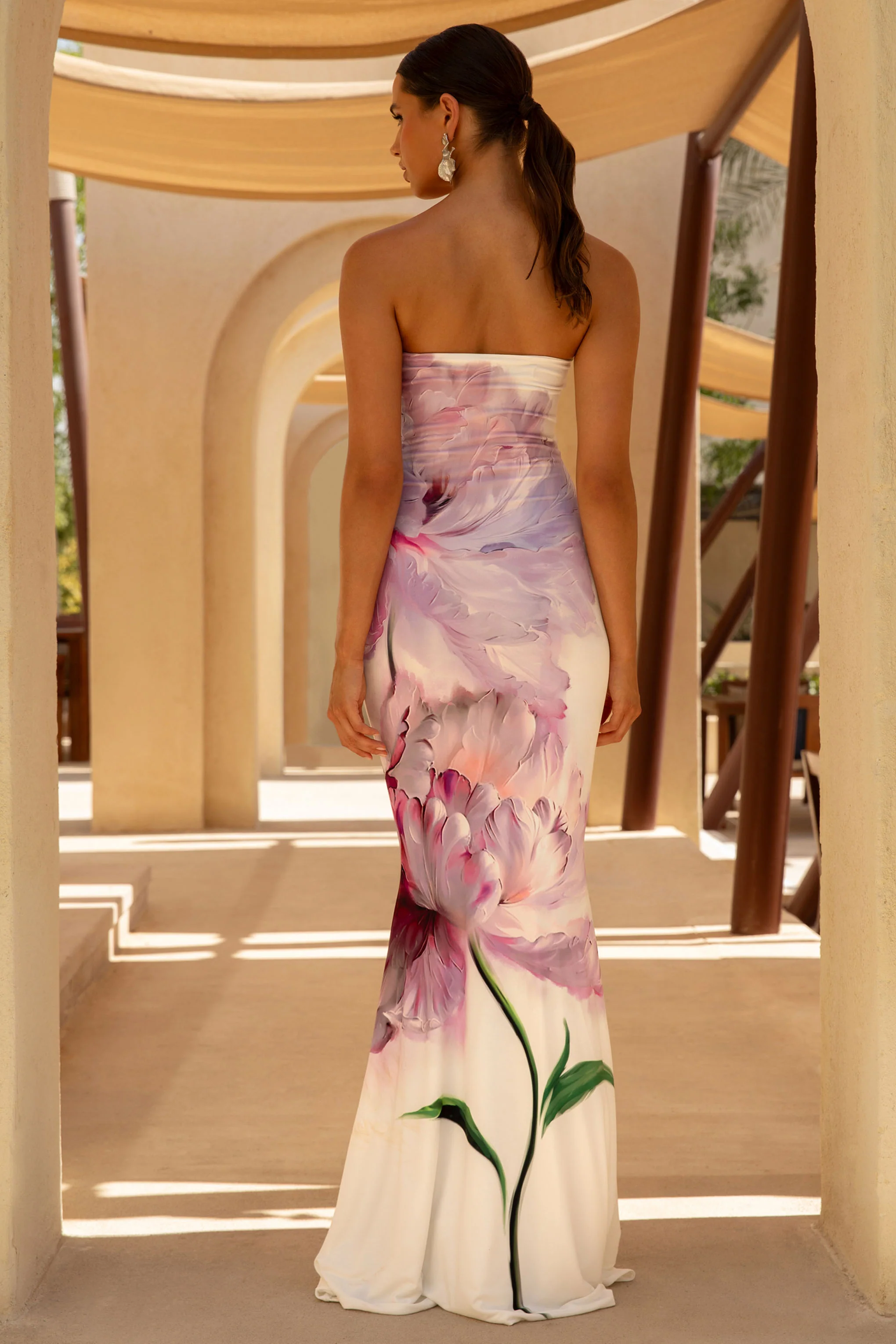 Ceremony | Pink Floral Print Bandeau Fishtail Maxi Dress