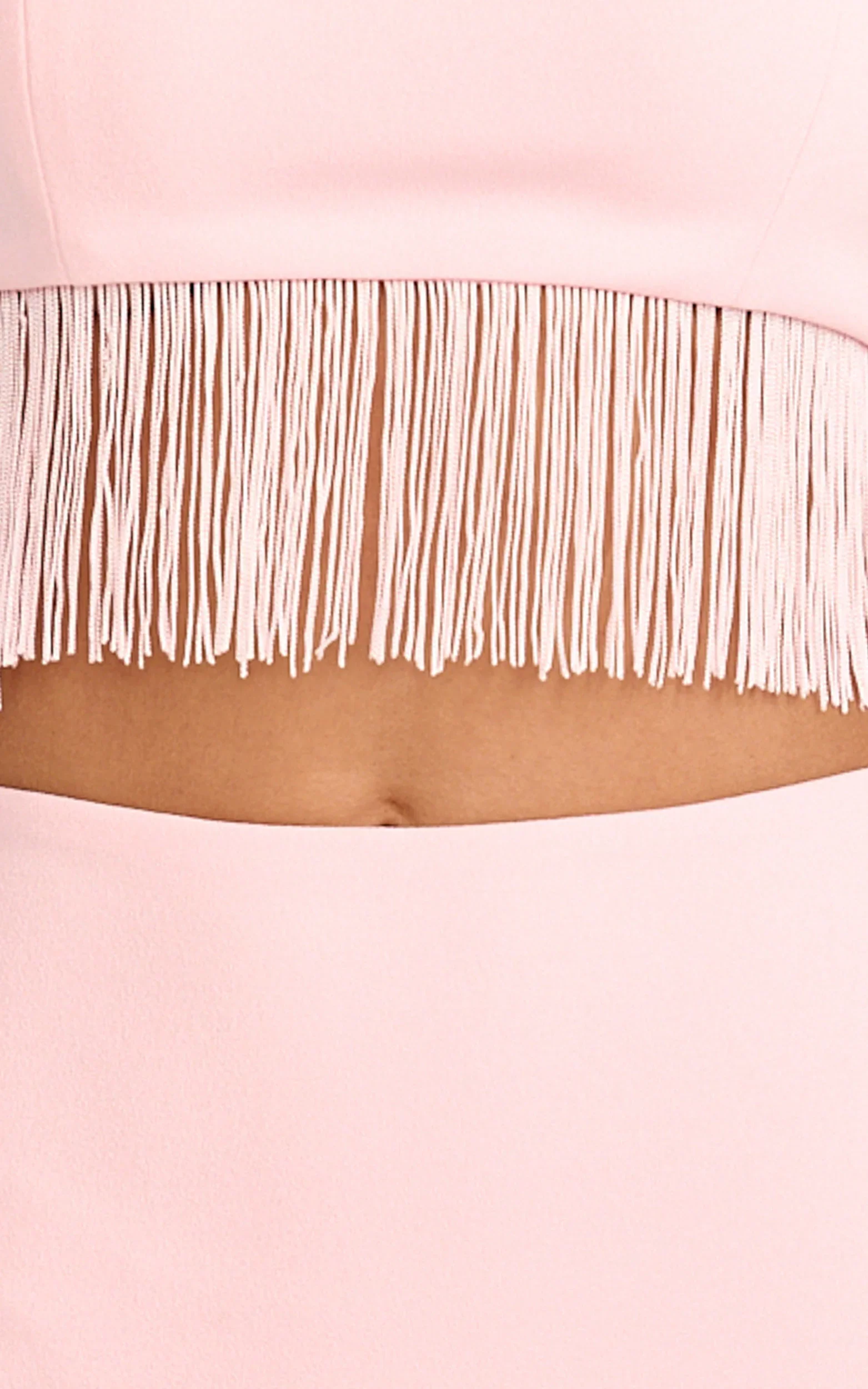 Evie Two Piece Top and Skirt Set - Fringed Micro Top And Tiered Fringed Mini Skirt in Pink - luluinthesky