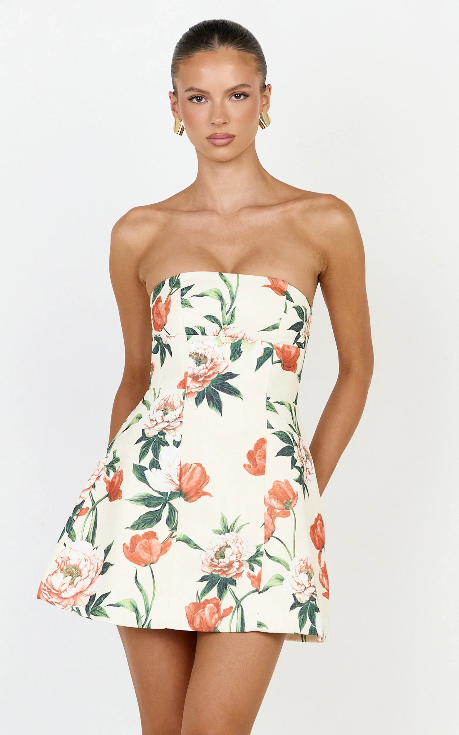 Catharine Mini Dress - Strapless A Line Dress in Rustic Floral