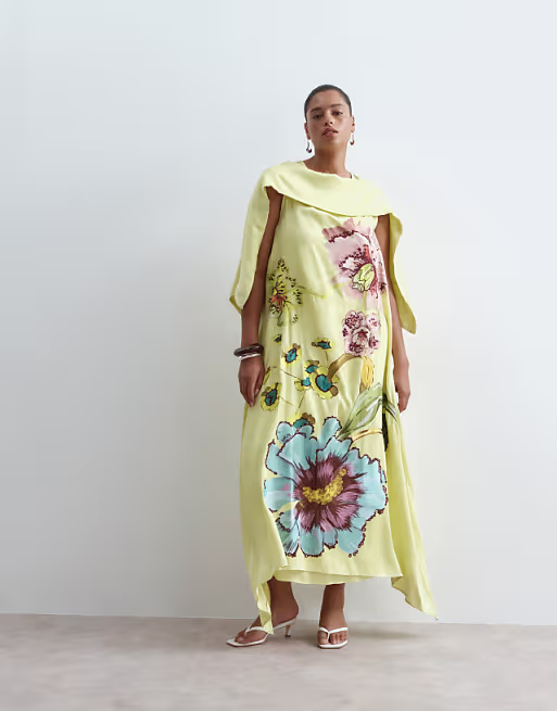 ARRANGE Curve large botanical floral satin drape maxi dress in lime green