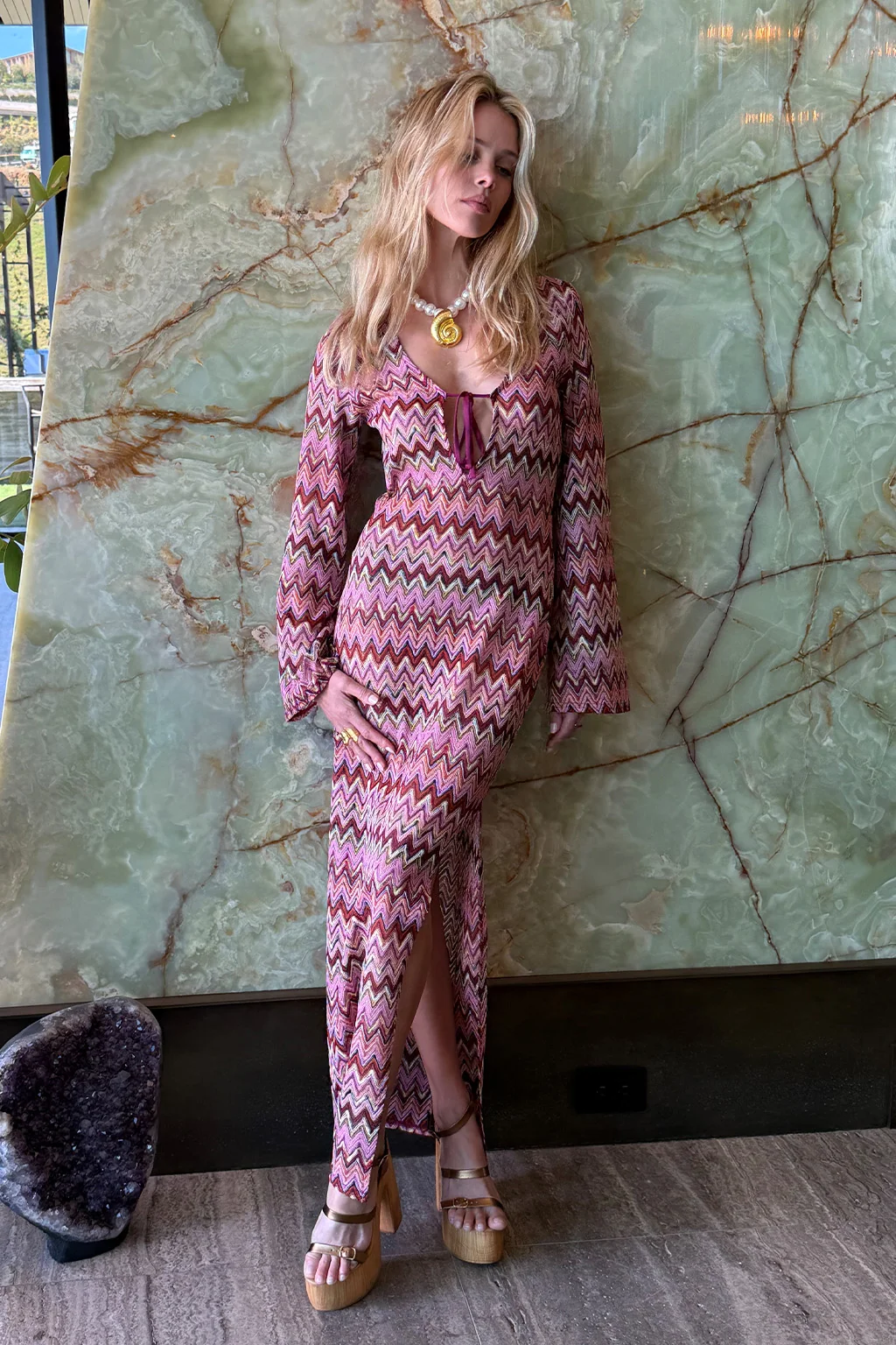 Palermo Pink Crochet Plunge Maxi Dress